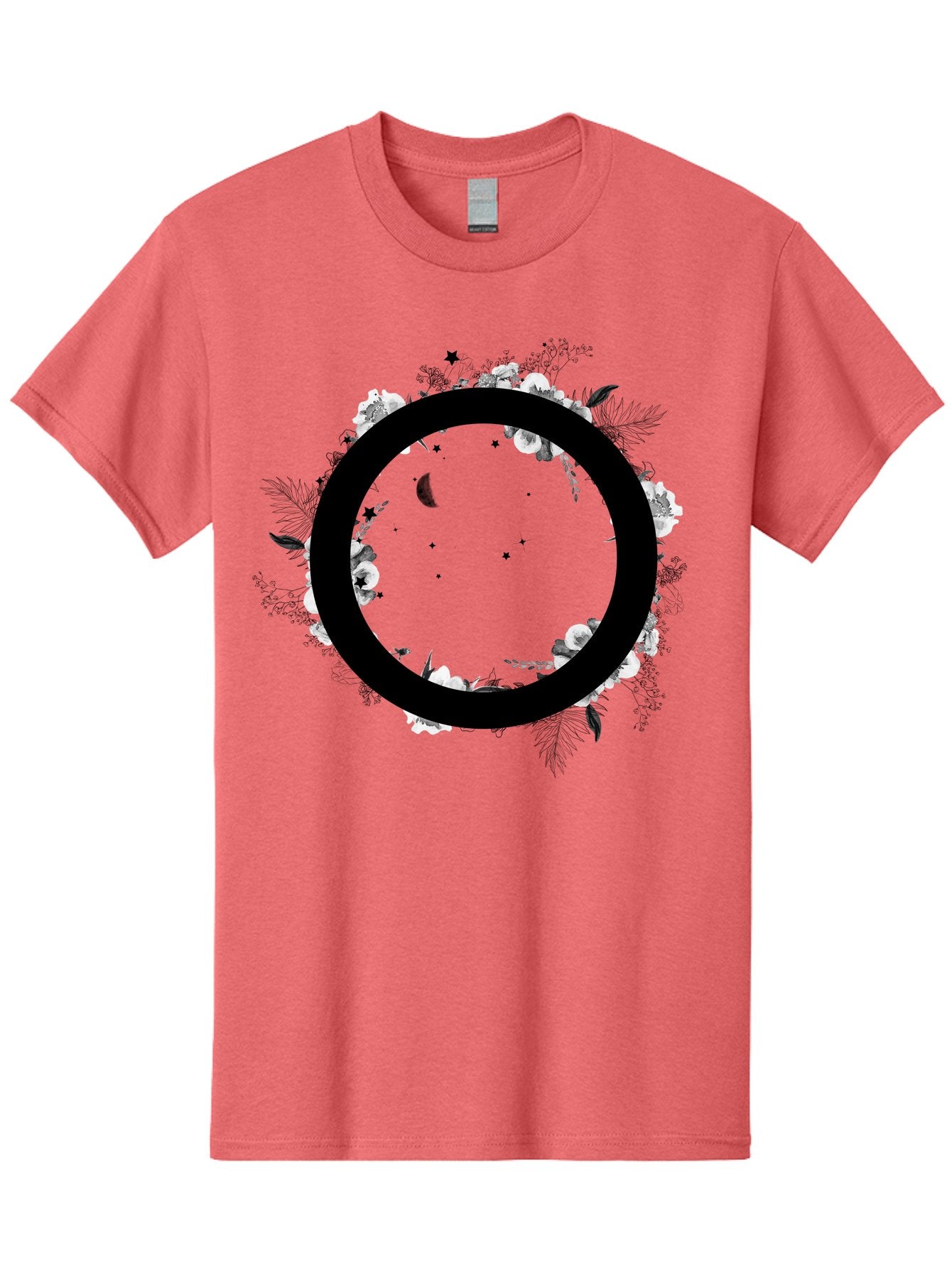 O Men'S Graphic Tee, 100% Cotton, Comfortable Casual Summer Wear, Machine Washable, Floral Wreath, Black Circle, Moon And Stars, White Flowers, Leaves And Foliage, Celestial Elements, Mystical Design Aac339 5