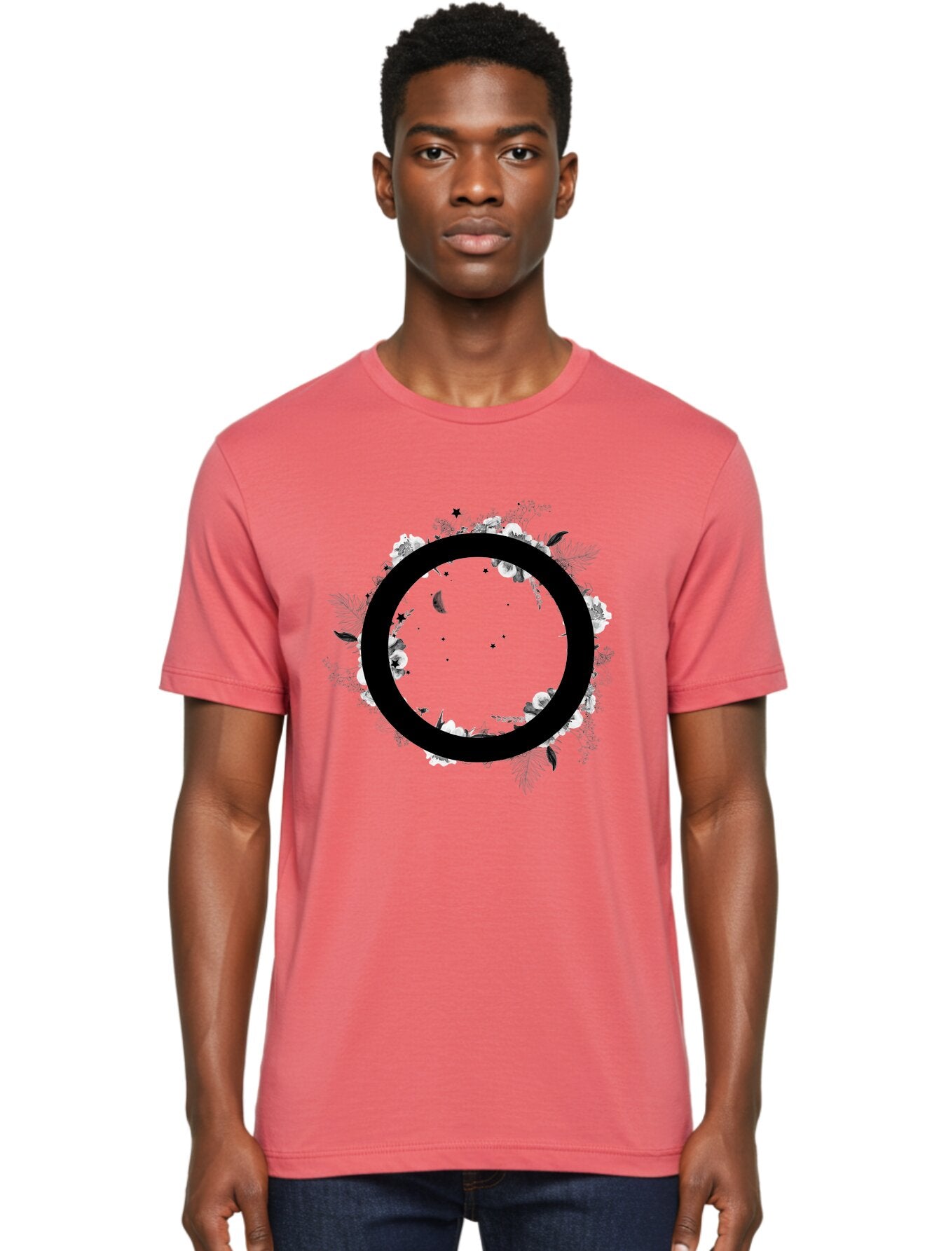 O Men'S Graphic Tee, 100% Cotton, Comfortable Casual Summer Wear, Machine Washable, Floral Wreath, Black Circle, Moon And Stars, White Flowers, Leaves And Foliage, Celestial Elements, Mystical Design Aac339 23