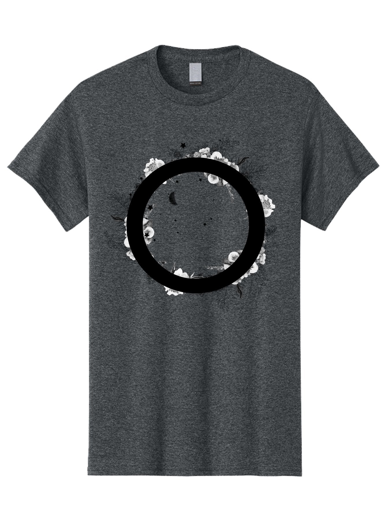 O Men'S Graphic Tee, 100% Cotton, Comfortable Casual Summer Wear, Machine Washable, Floral Wreath, Black Circle, Moon And Stars, White Flowers, Leaves And Foliage, Celestial Elements, Mystical Design Aac339 14