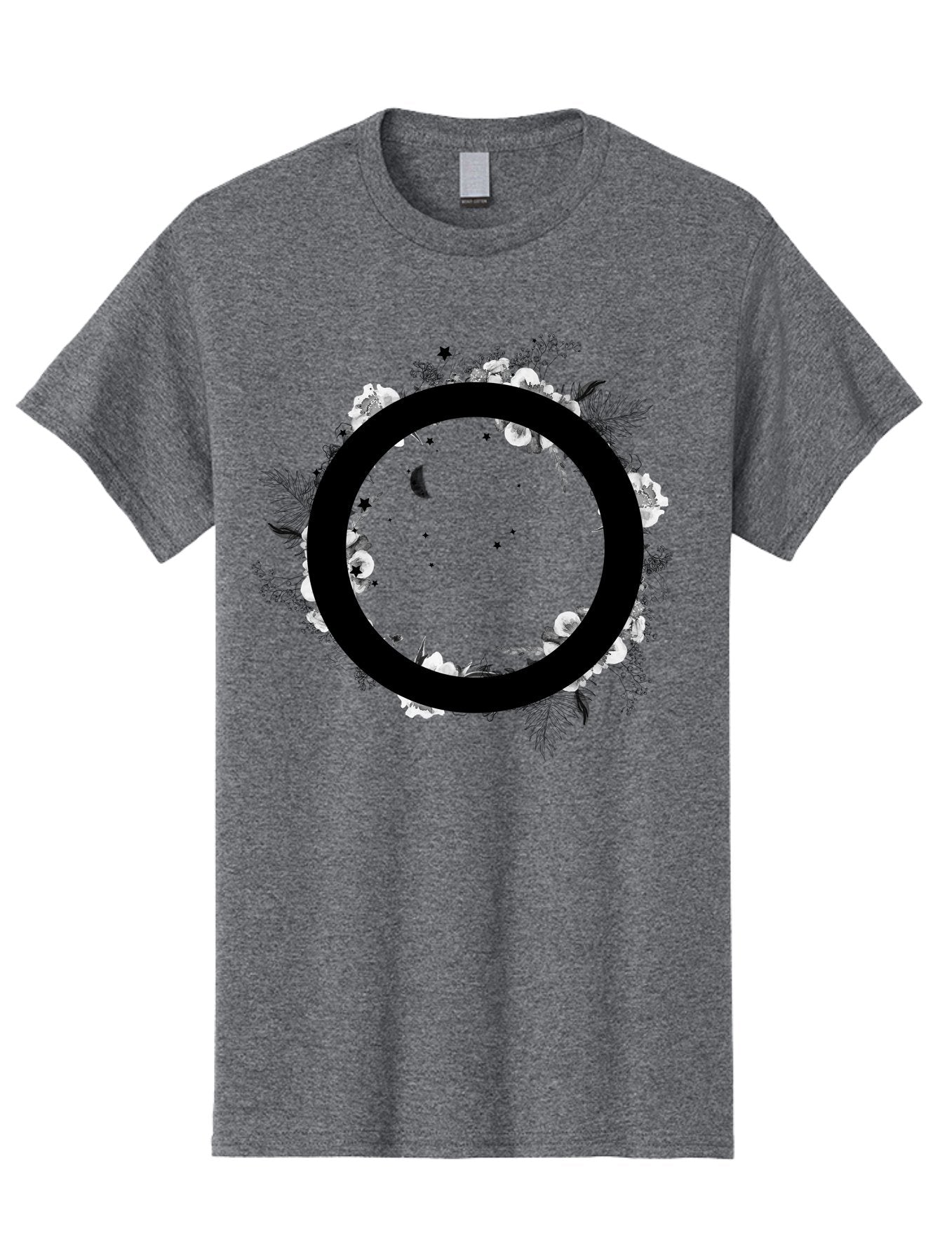 O Men'S Graphic Tee, 100% Cotton, Comfortable Casual Summer Wear, Machine Washable, Floral Wreath, Black Circle, Moon And Stars, White Flowers, Leaves And Foliage, Celestial Elements, Mystical Design Aac339 10