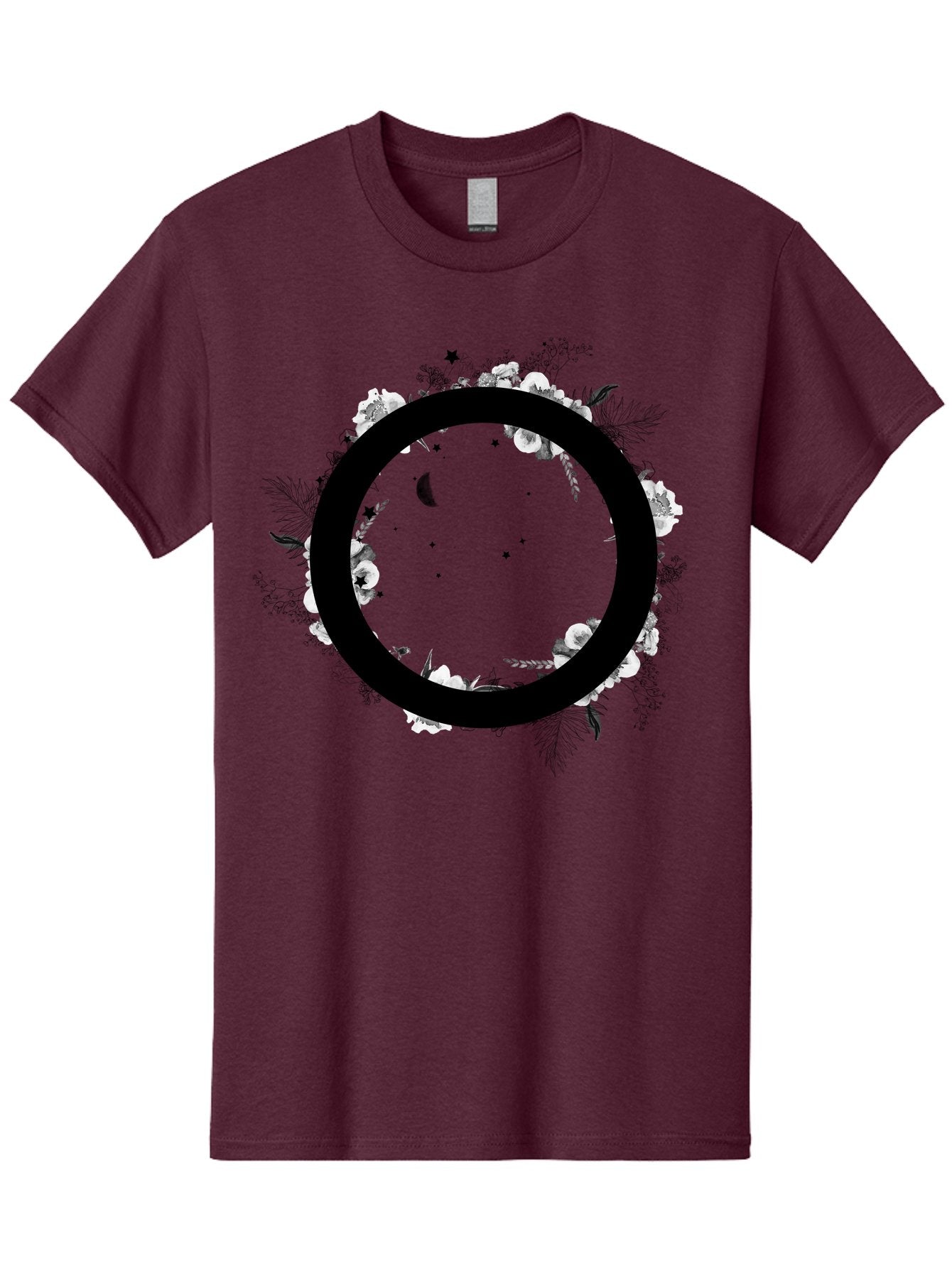 O Men'S Graphic Tee, 100% Cotton, Comfortable Casual Summer Wear, Machine Washable, Floral Wreath, Black Circle, Moon And Stars, White Flowers, Leaves And Foliage, Celestial Elements, Mystical Design Aac339