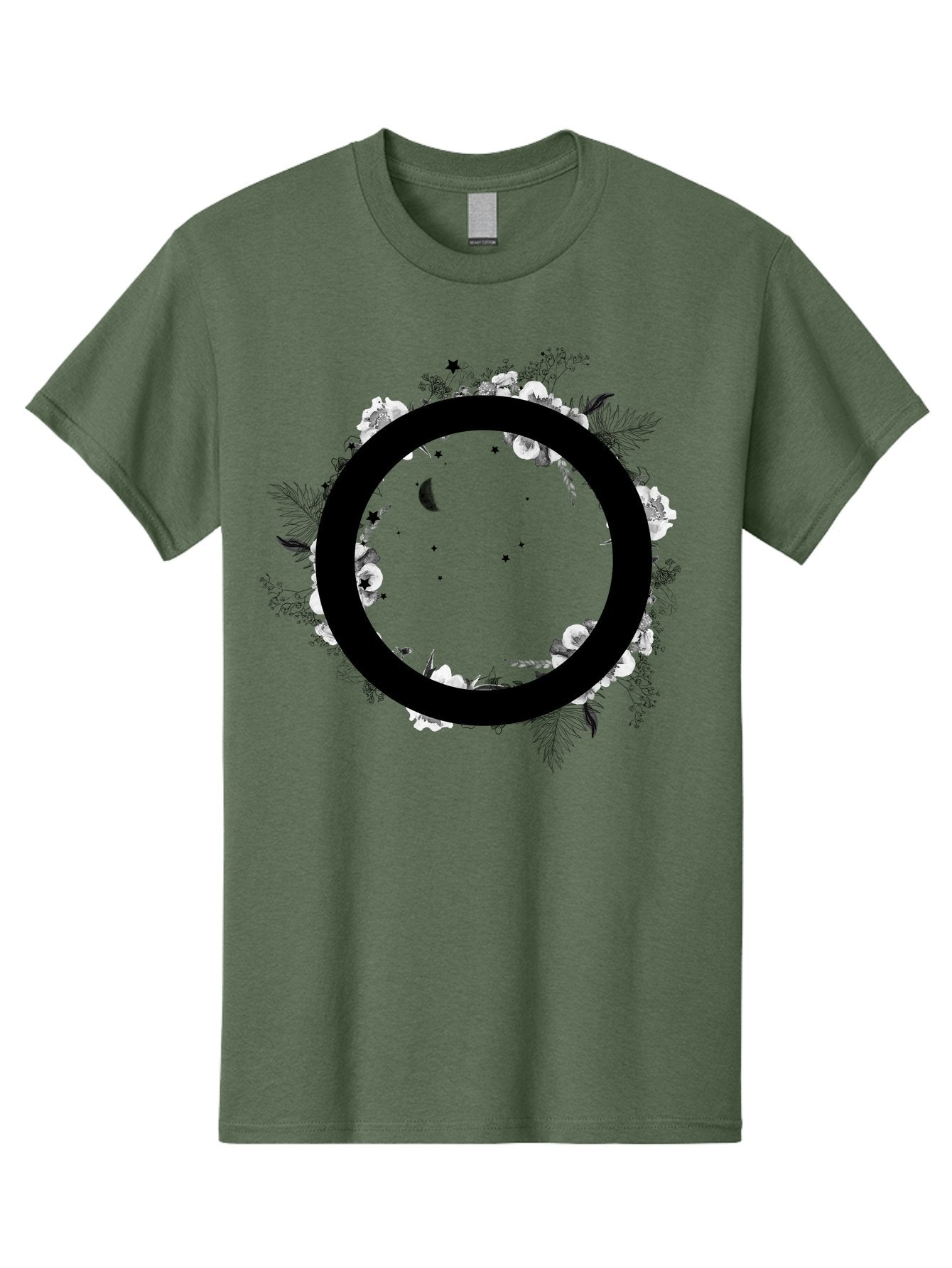 O Men'S Graphic Tee, 100% Cotton, Comfortable Casual Summer Wear, Machine Washable, Floral Wreath, Black Circle, Moon And Stars, White Flowers, Leaves And Foliage, Celestial Elements, Mystical Design Aac339 9