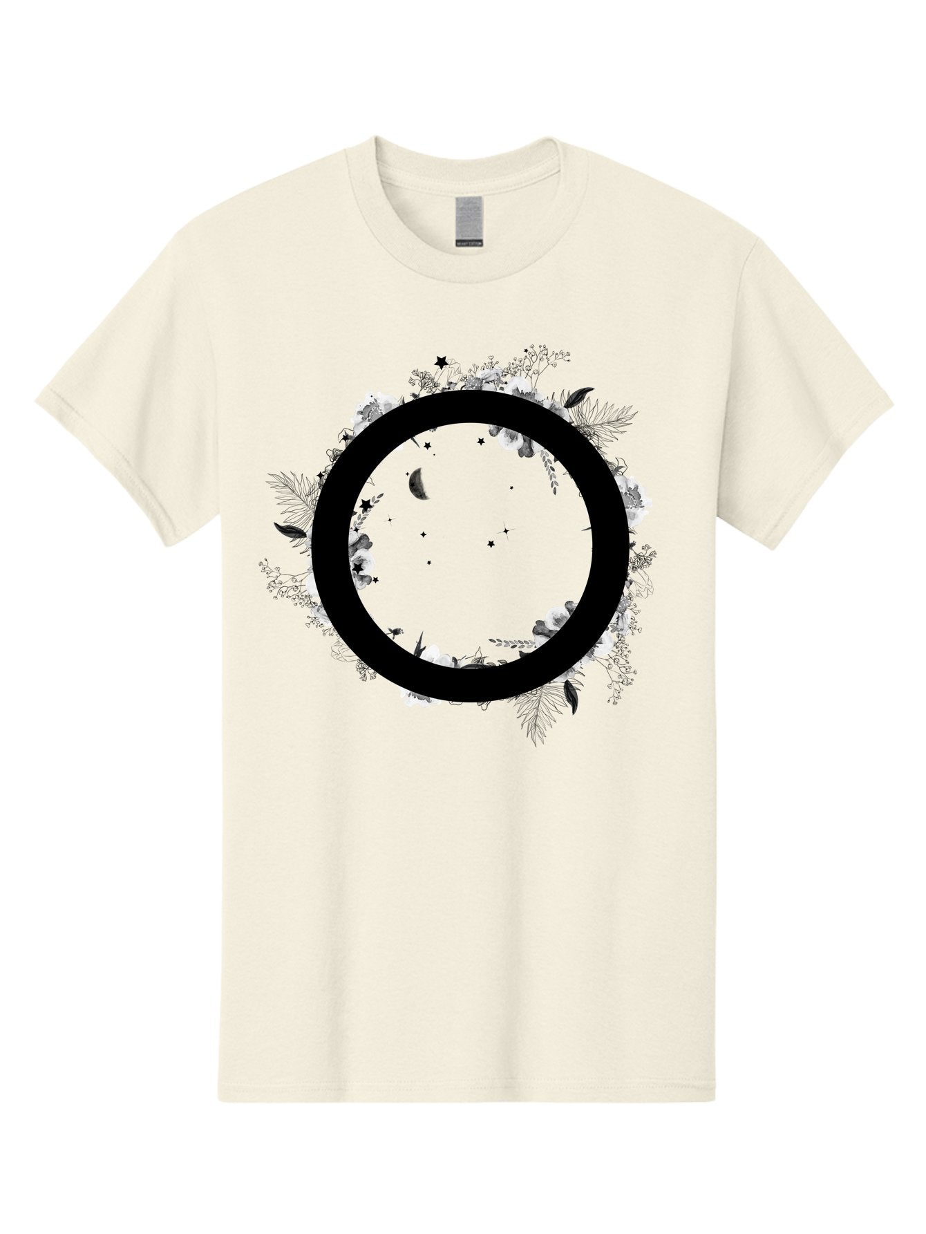 O Men'S Graphic Tee, 100% Cotton, Comfortable Casual Summer Wear, Machine Washable, Floral Wreath, Black Circle, Moon And Stars, White Flowers, Leaves And Foliage, Celestial Elements, Mystical Design Aac339 13