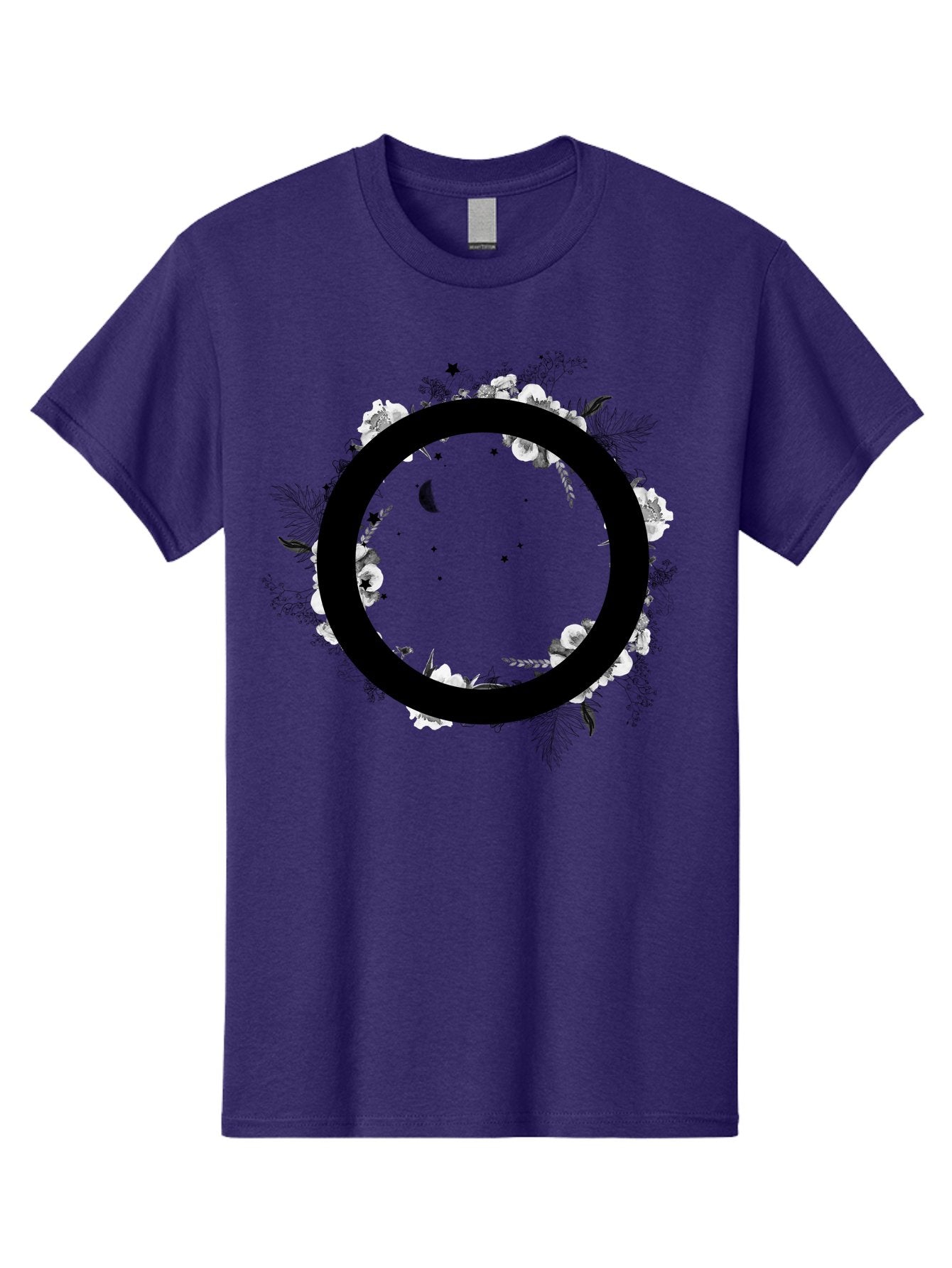 O Men'S Graphic Tee, 100% Cotton, Comfortable Casual Summer Wear, Machine Washable, Floral Wreath, Black Circle, Moon And Stars, White Flowers, Leaves And Foliage, Celestial Elements, Mystical Design Aac339 7
