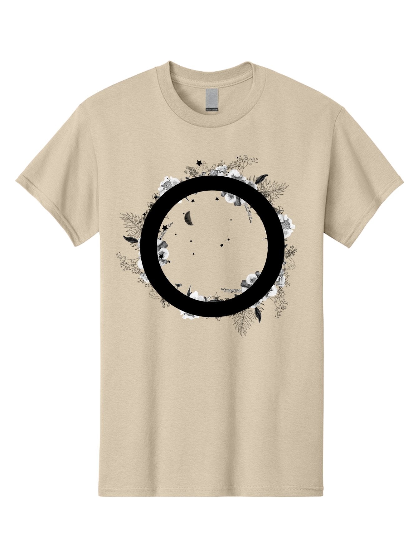 O Men'S Graphic Tee, 100% Cotton, Comfortable Casual Summer Wear, Machine Washable, Floral Wreath, Black Circle, Moon And Stars, White Flowers, Leaves And Foliage, Celestial Elements, Mystical Design Aac339 12