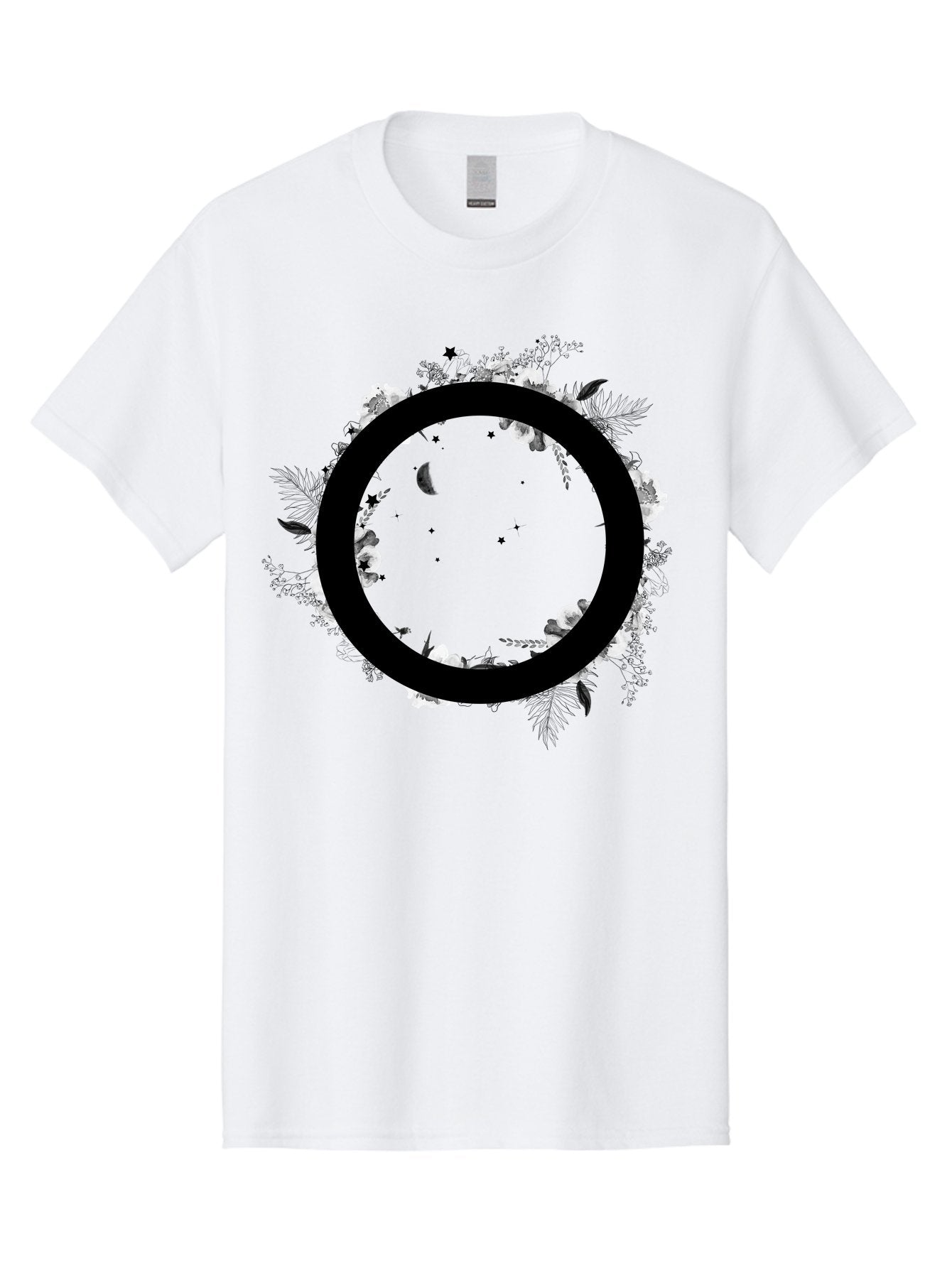 O Men'S Graphic Tee, 100% Cotton, Comfortable Casual Summer Wear, Machine Washable, Floral Wreath, Black Circle, Moon And Stars, White Flowers, Leaves And Foliage, Celestial Elements, Mystical Design Aac339