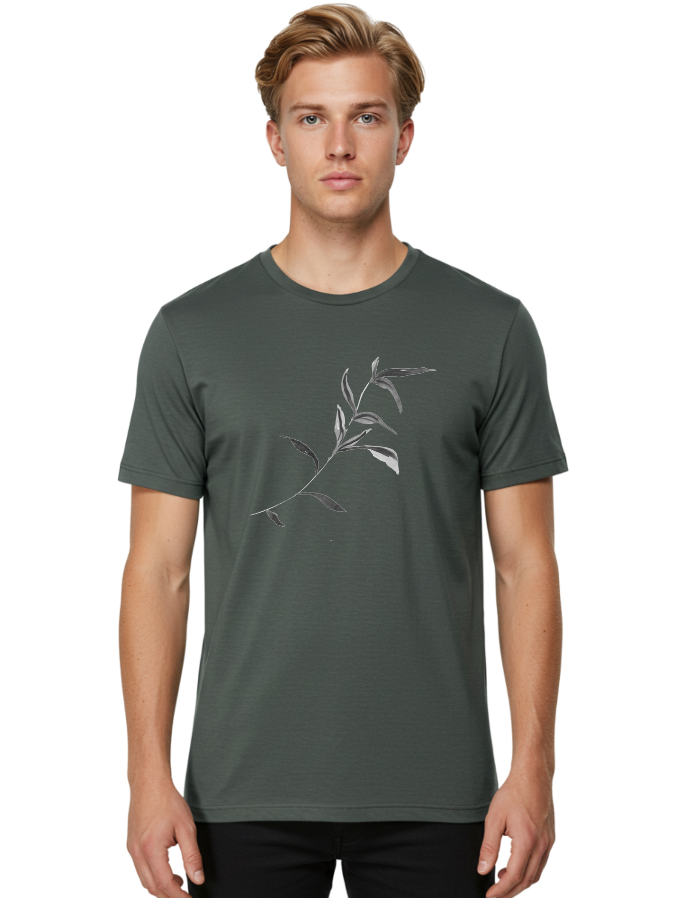 Olive-Branch Men'S Graphic Tee, 100% Cotton, Comfortable Casual Summer Wear, Machine Washable, Black And White Leaves, Foliage, Botanical Illustration, Leafy Branch, Simple Design, Minimalist Art, Plant Graphics Aac340 26