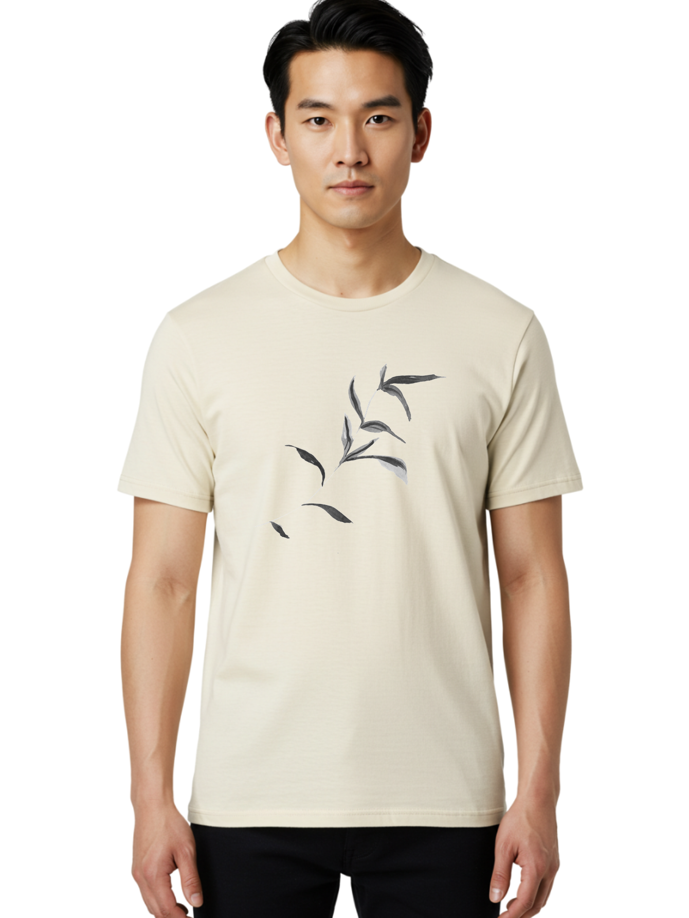Olive-Branch Men'S Graphic Tee, 100% Cotton, Comfortable Casual Summer Wear, Machine Washable, Black And White Leaves, Foliage, Botanical Illustration, Leafy Branch, Simple Design, Minimalist Art, Plant Graphics Aac340 4
