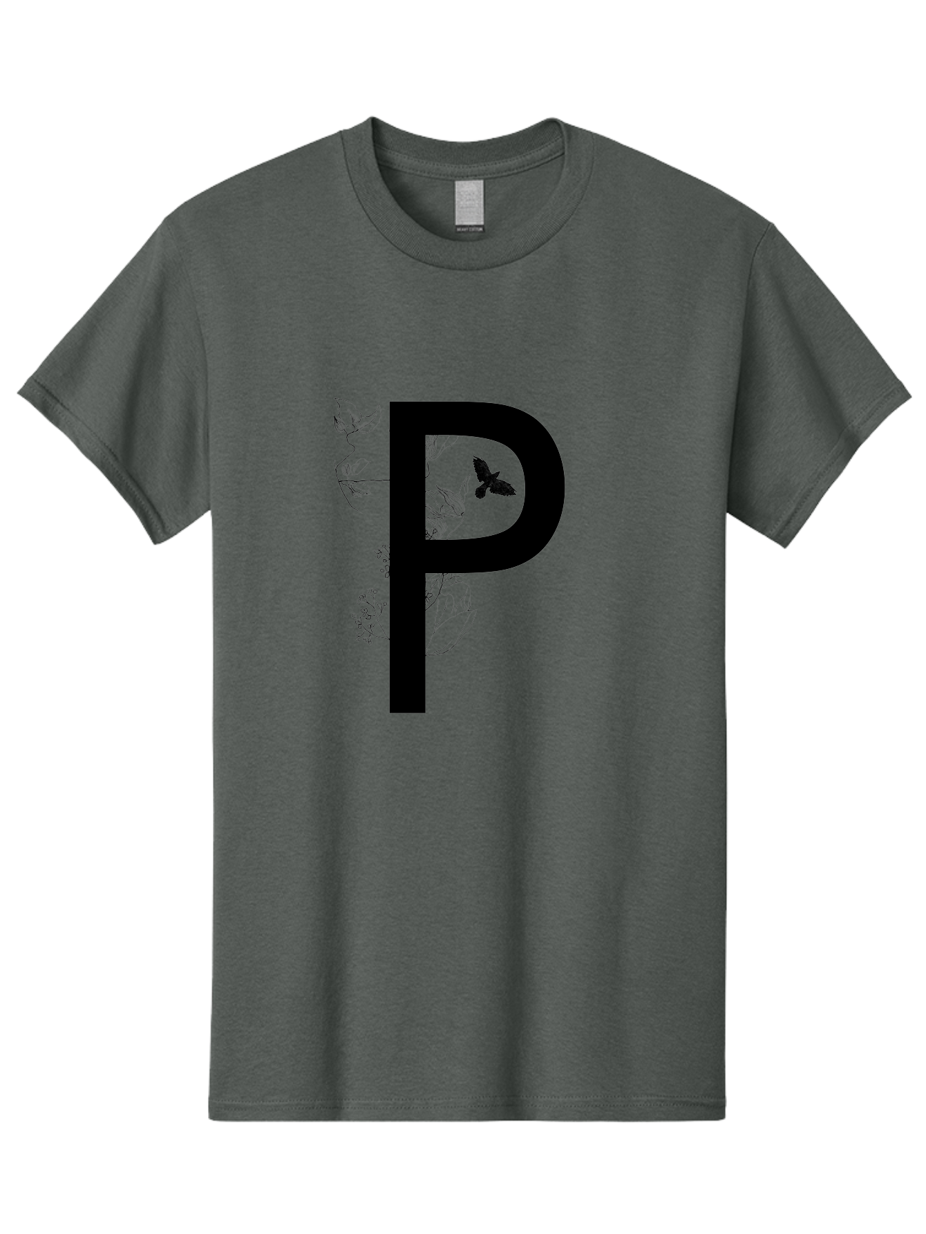 P Men'S Graphic Tee, 100% Cotton, Comfortable Casual Summer Wear, Machine Washable, Large Letter P, Botanical Elements, Butterflies, Floral Design, Minimalist Illustration, Black And Green Color Scheme, Simple Graphics, Typography Aac341 3