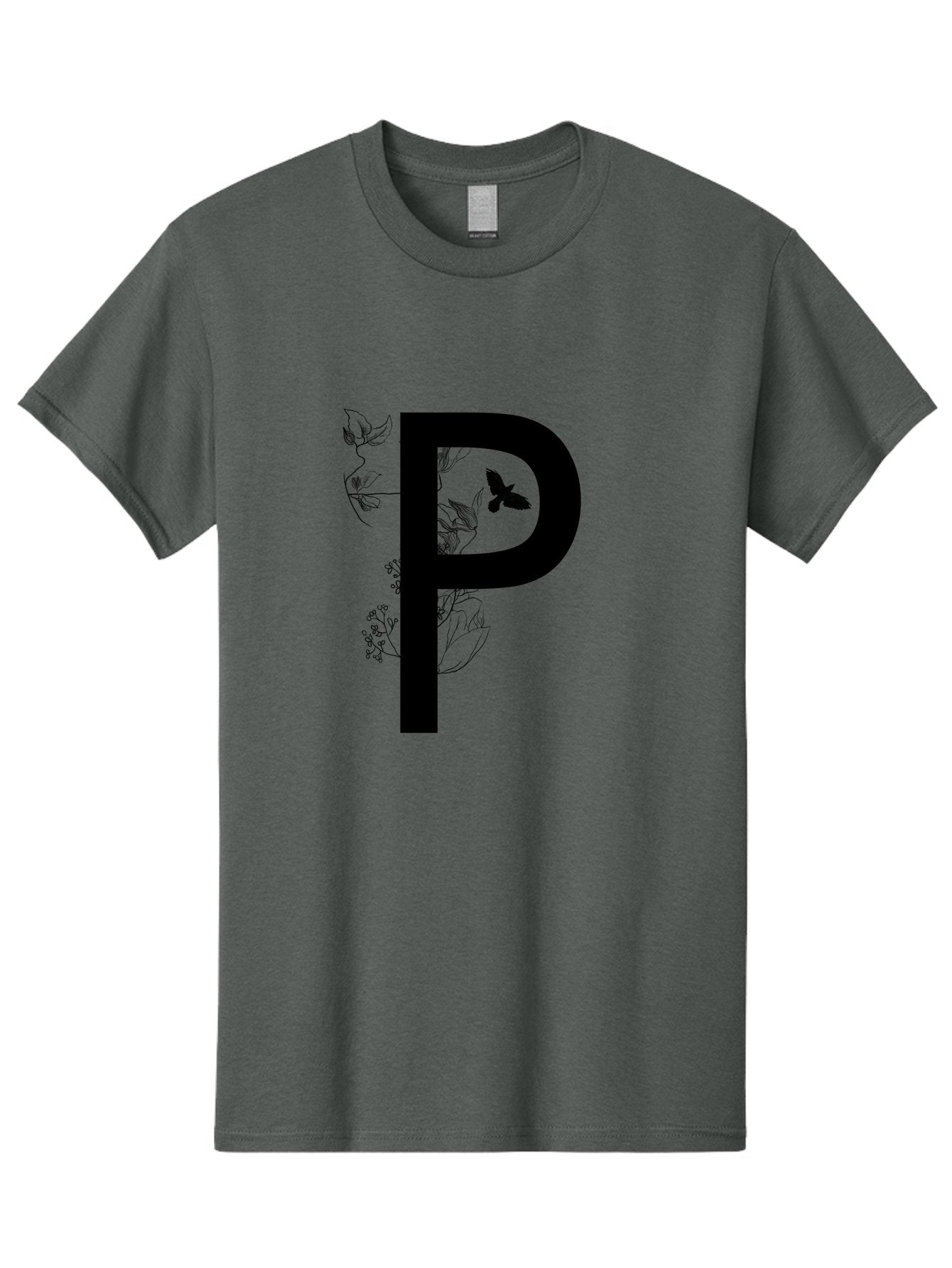 P Men'S Graphic Tee, 100% Cotton, Comfortable Casual Summer Wear, Machine Washable, Large Letter P, Botanical Elements, Butterflies, Floral Design, Minimalist Illustration, Black And Green Color Scheme, Simple Graphics, Typography Aac341 14