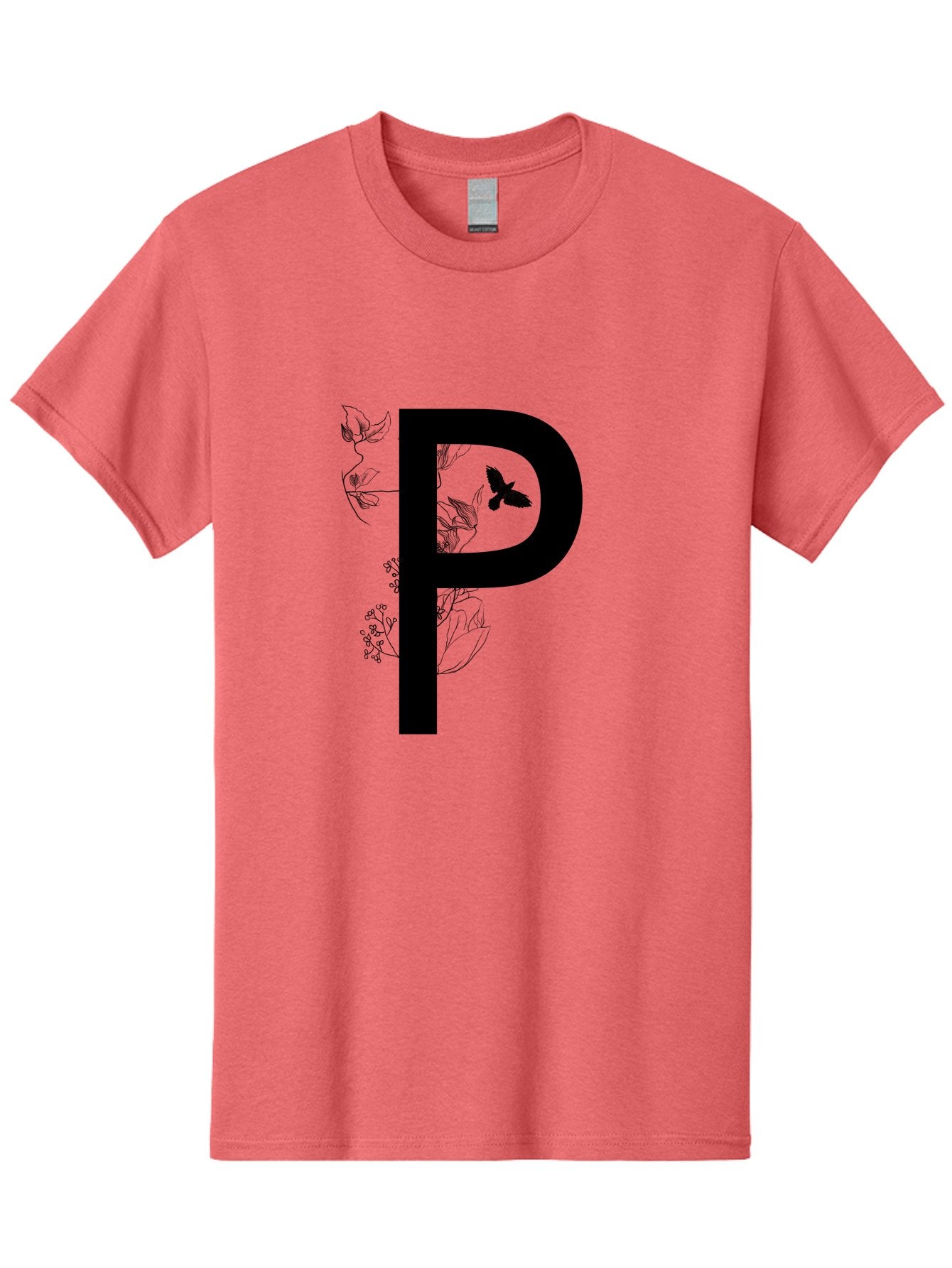 P Men'S Graphic Tee, 100% Cotton, Comfortable Casual Summer Wear, Machine Washable, Large Letter P, Botanical Elements, Butterflies, Floral Design, Minimalist Illustration, Black And Green Color Scheme, Simple Graphics, Typography Aac341 11