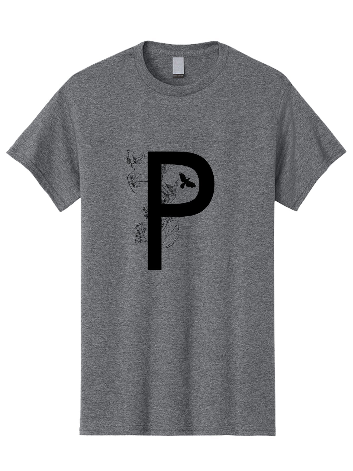 P Men'S Graphic Tee, 100% Cotton, Comfortable Casual Summer Wear, Machine Washable, Large Letter P, Botanical Elements, Butterflies, Floral Design, Minimalist Illustration, Black And Green Color Scheme, Simple Graphics, Typography Aac341 9