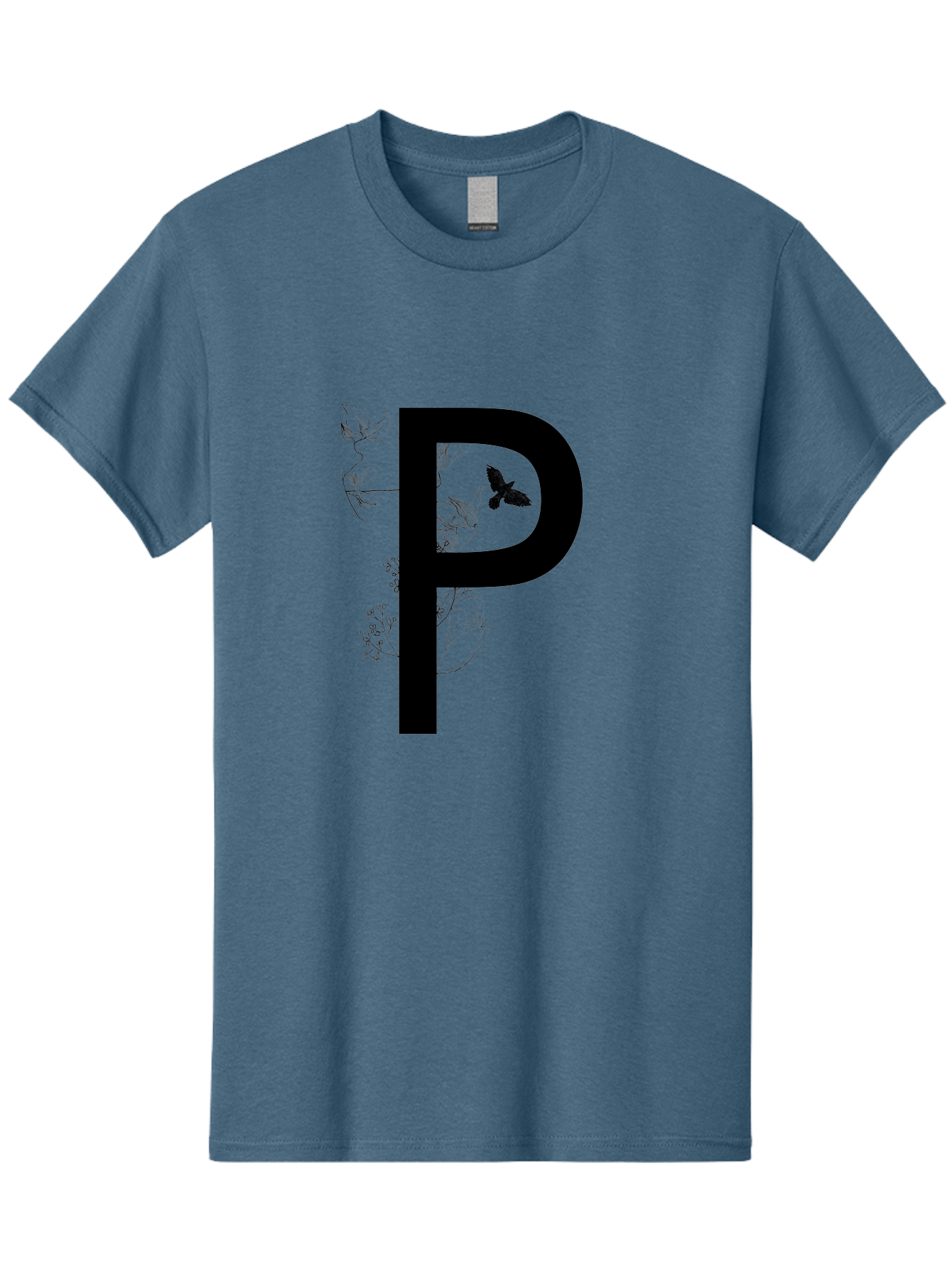 P Men'S Graphic Tee, 100% Cotton, Comfortable Casual Summer Wear, Machine Washable, Large Letter P, Botanical Elements, Butterflies, Floral Design, Minimalist Illustration, Black And Green Color Scheme, Simple Graphics, Typography Aac341 19