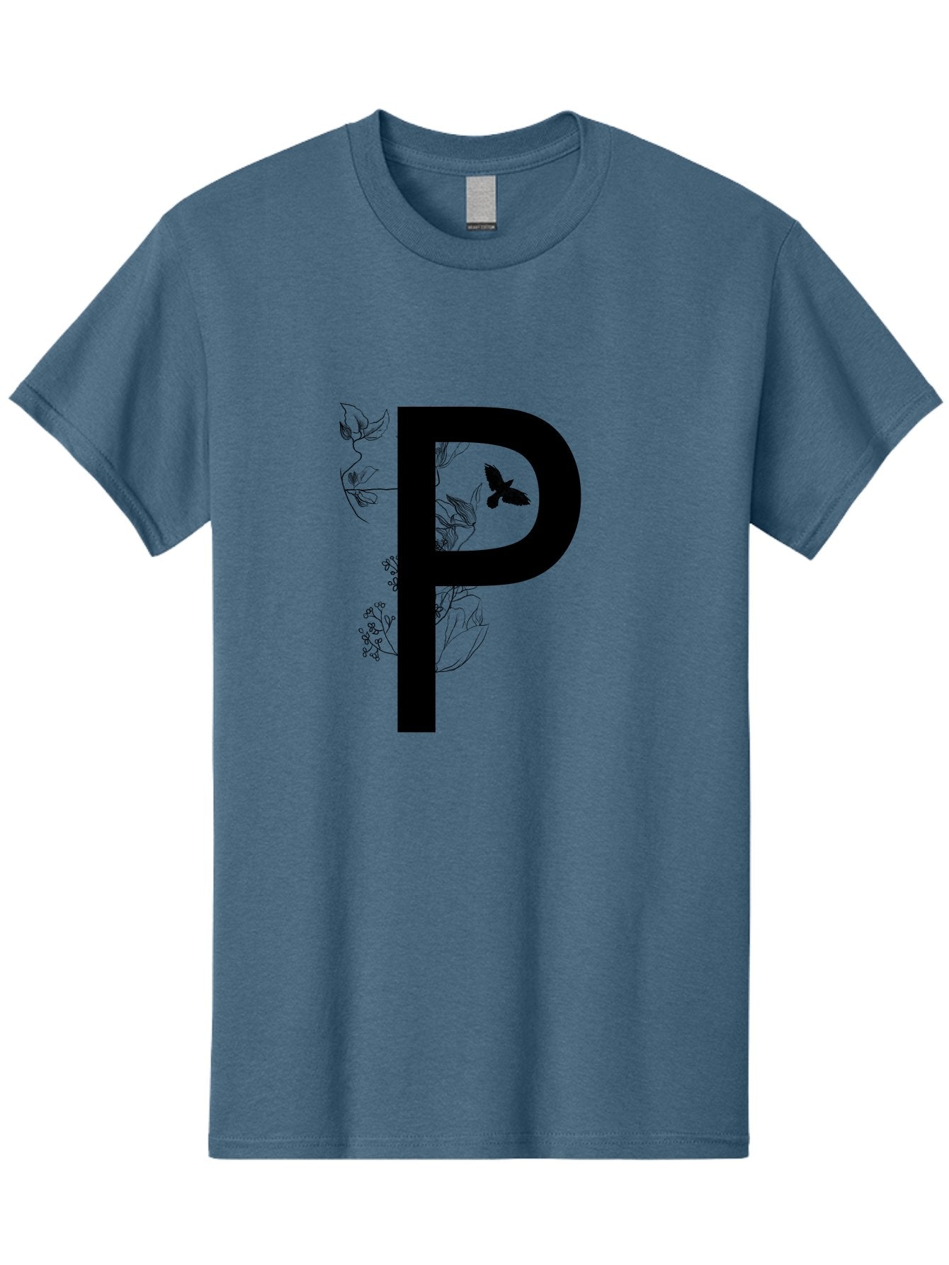 P Men'S Graphic Tee, 100% Cotton, Comfortable Casual Summer Wear, Machine Washable, Large Letter P, Botanical Elements, Butterflies, Floral Design, Minimalist Illustration, Black And Green Color Scheme, Simple Graphics, Typography Aac341