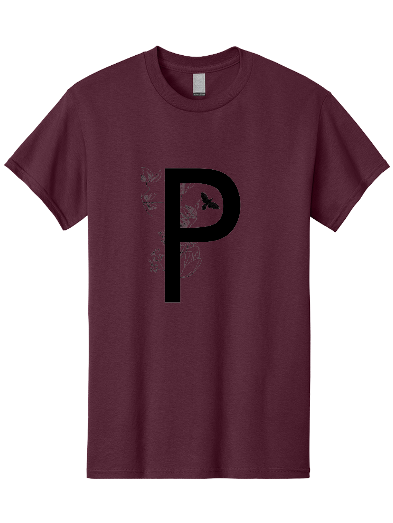 P Men'S Graphic Tee, 100% Cotton, Comfortable Casual Summer Wear, Machine Washable, Large Letter P, Botanical Elements, Butterflies, Floral Design, Minimalist Illustration, Black And Green Color Scheme, Simple Graphics, Typography Aac341 27