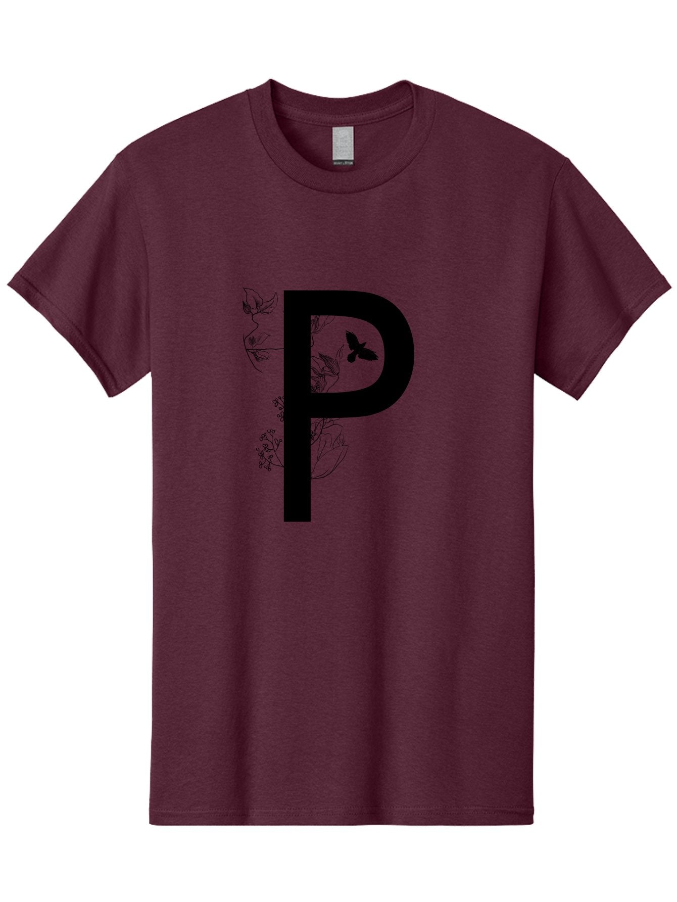 P Men'S Graphic Tee, 100% Cotton, Comfortable Casual Summer Wear, Machine Washable, Large Letter P, Botanical Elements, Butterflies, Floral Design, Minimalist Illustration, Black And Green Color Scheme, Simple Graphics, Typography Aac341 10