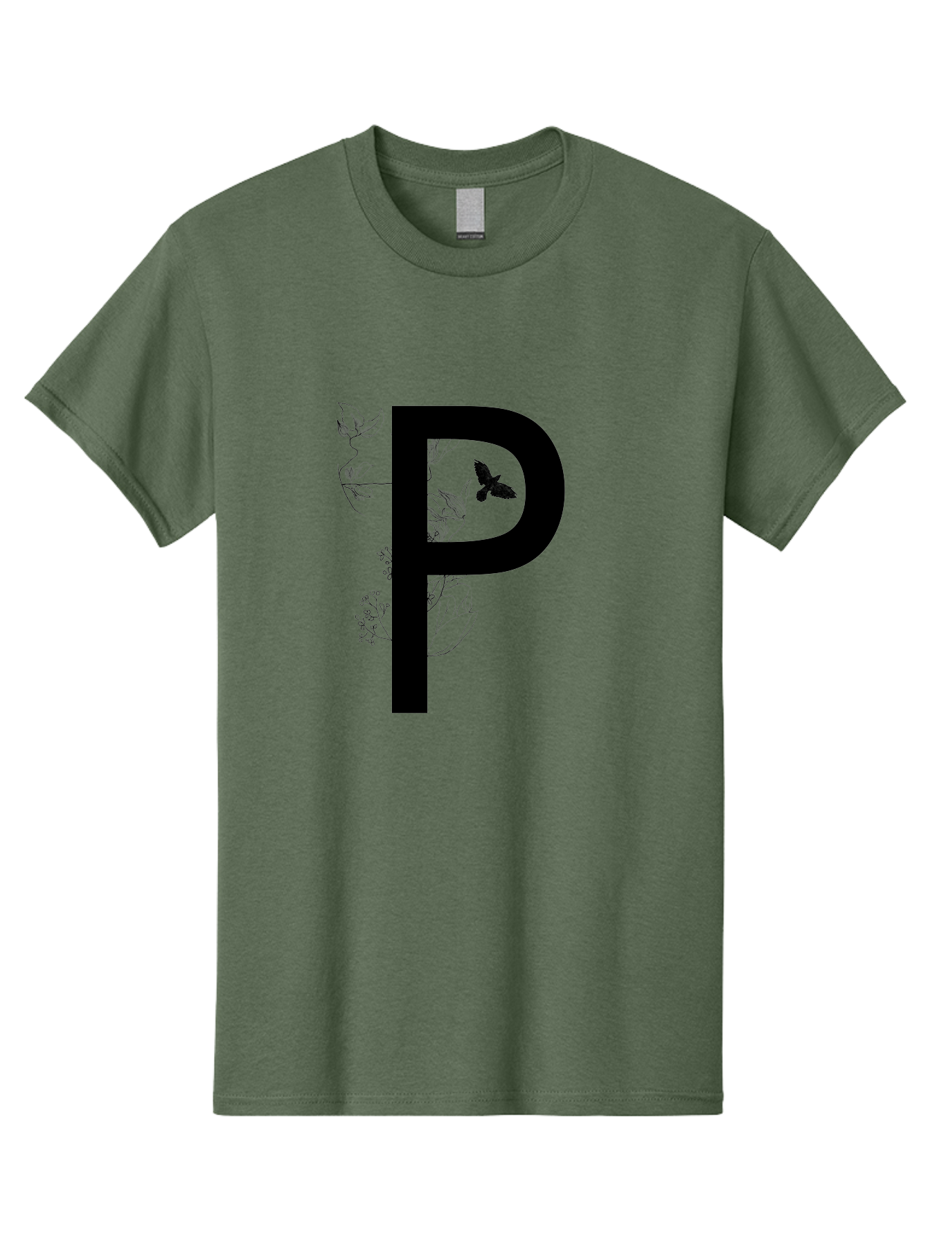 P Men'S Graphic Tee, 100% Cotton, Comfortable Casual Summer Wear, Machine Washable, Large Letter P, Botanical Elements, Butterflies, Floral Design, Minimalist Illustration, Black And Green Color Scheme, Simple Graphics, Typography Aac341 17