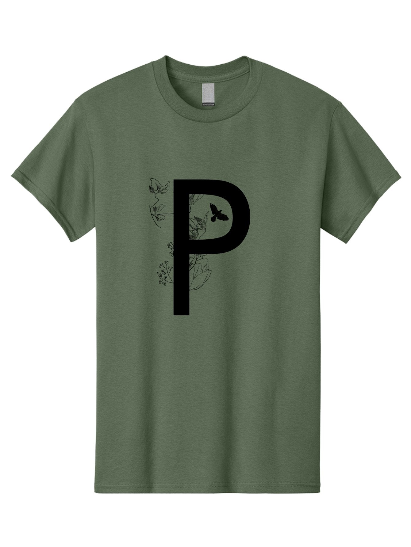 P Men'S Graphic Tee, 100% Cotton, Comfortable Casual Summer Wear, Machine Washable, Large Letter P, Botanical Elements, Butterflies, Floral Design, Minimalist Illustration, Black And Green Color Scheme, Simple Graphics, Typography Aac341 3