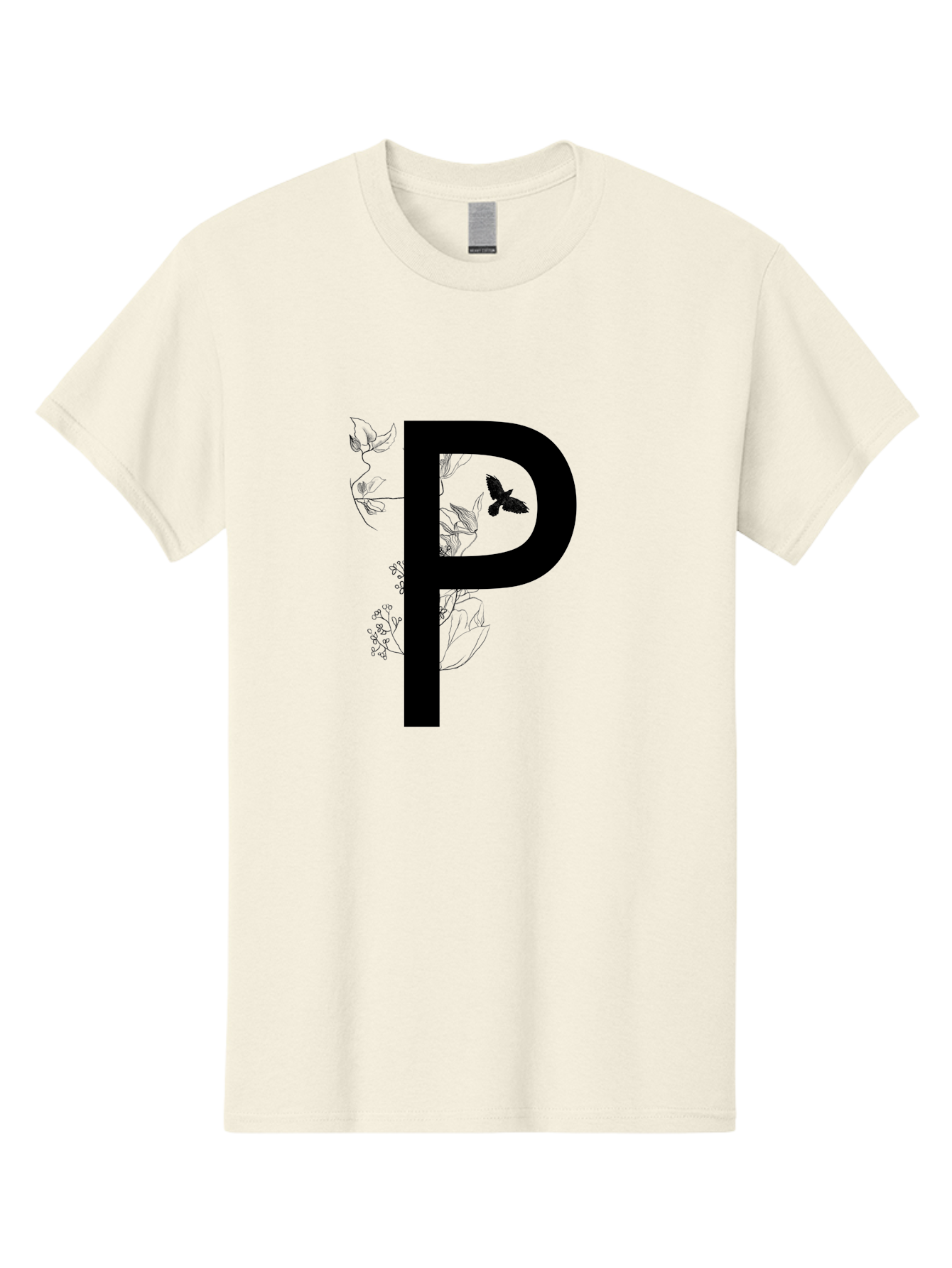 P Men'S Graphic Tee, 100% Cotton, Comfortable Casual Summer Wear, Machine Washable, Large Letter P, Botanical Elements, Butterflies, Floral Design, Minimalist Illustration, Black And Green Color Scheme, Simple Graphics, Typography Aac341 25