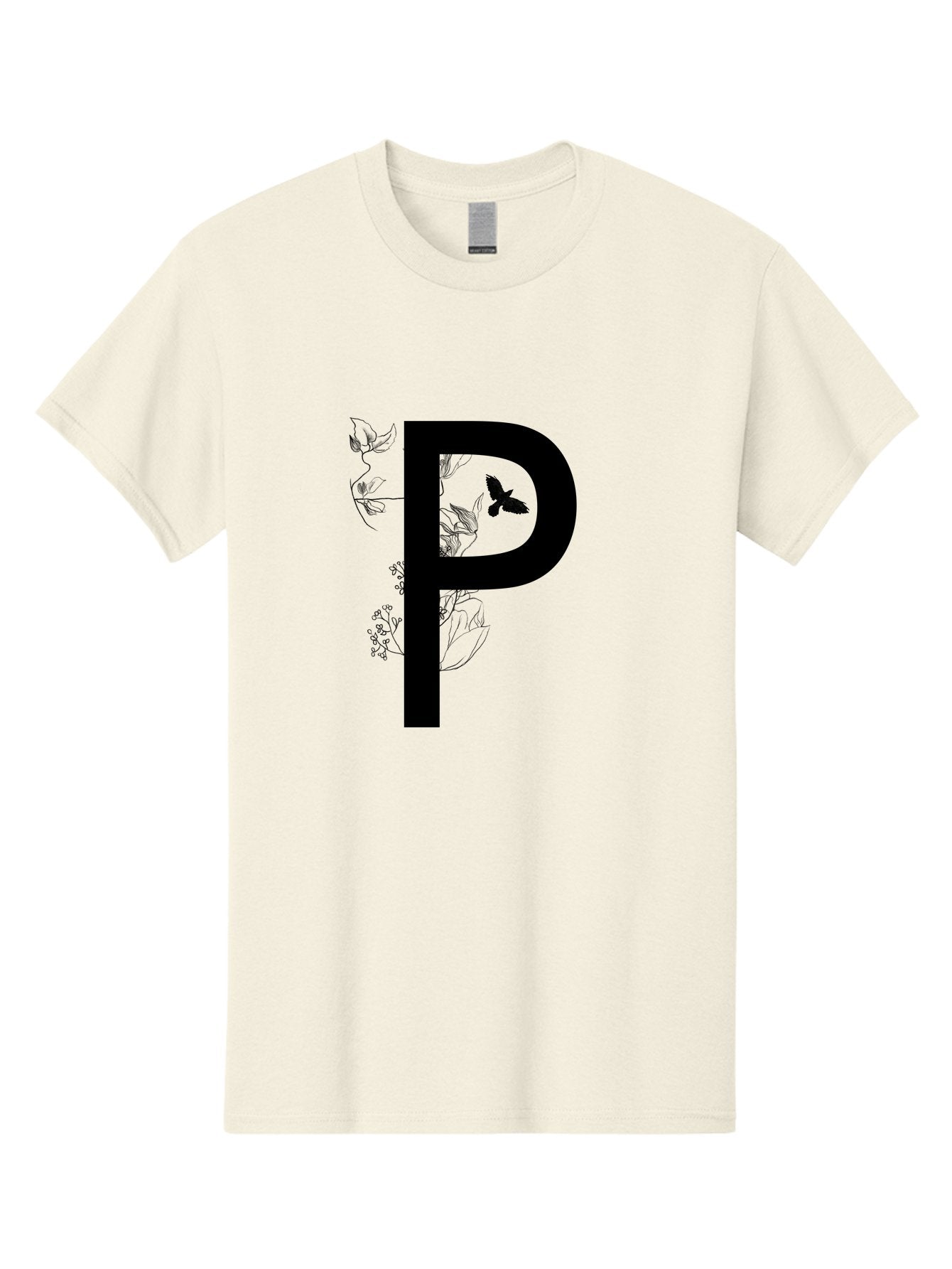 P Men'S Graphic Tee, 100% Cotton, Comfortable Casual Summer Wear, Machine Washable, Large Letter P, Botanical Elements, Butterflies, Floral Design, Minimalist Illustration, Black And Green Color Scheme, Simple Graphics, Typography Aac341 7