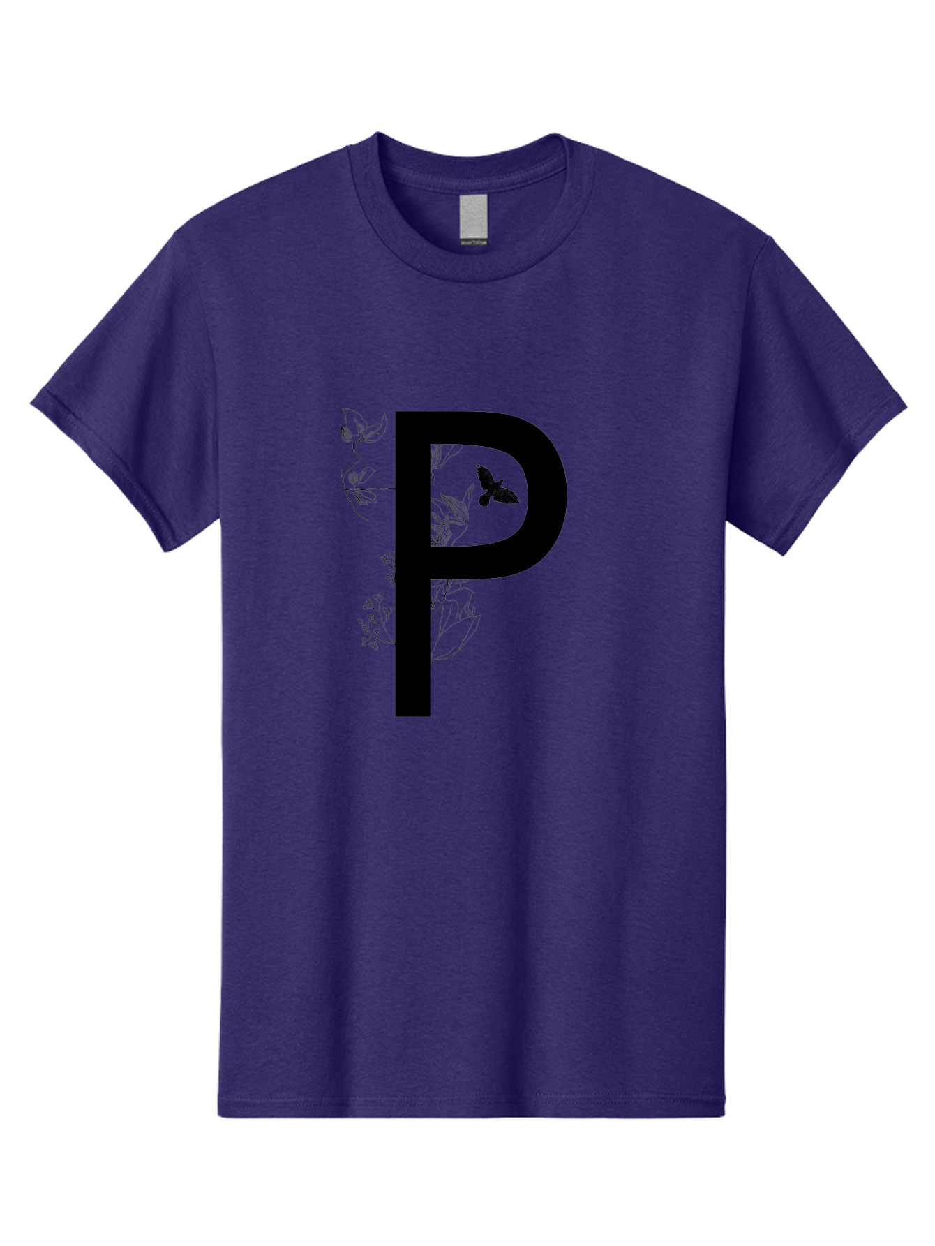 P Men'S Graphic Tee, 100% Cotton, Comfortable Casual Summer Wear, Machine Washable, Large Letter P, Botanical Elements, Butterflies, Floral Design, Minimalist Illustration, Black And Green Color Scheme, Simple Graphics, Typography Aac341 29