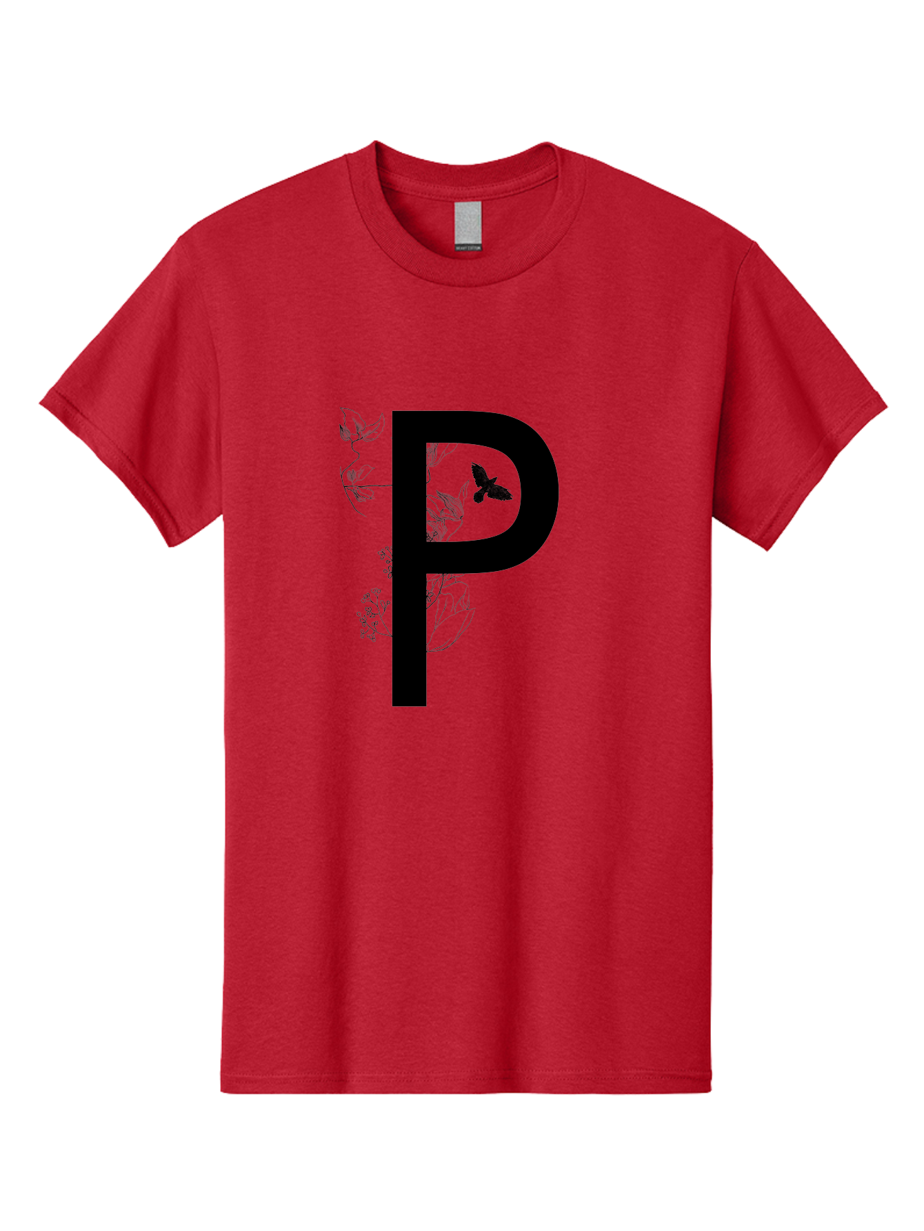P Men'S Graphic Tee, 100% Cotton, Comfortable Casual Summer Wear, Machine Washable, Large Letter P, Botanical Elements, Butterflies, Floral Design, Minimalist Illustration, Black And Green Color Scheme, Simple Graphics, Typography Aac341 21