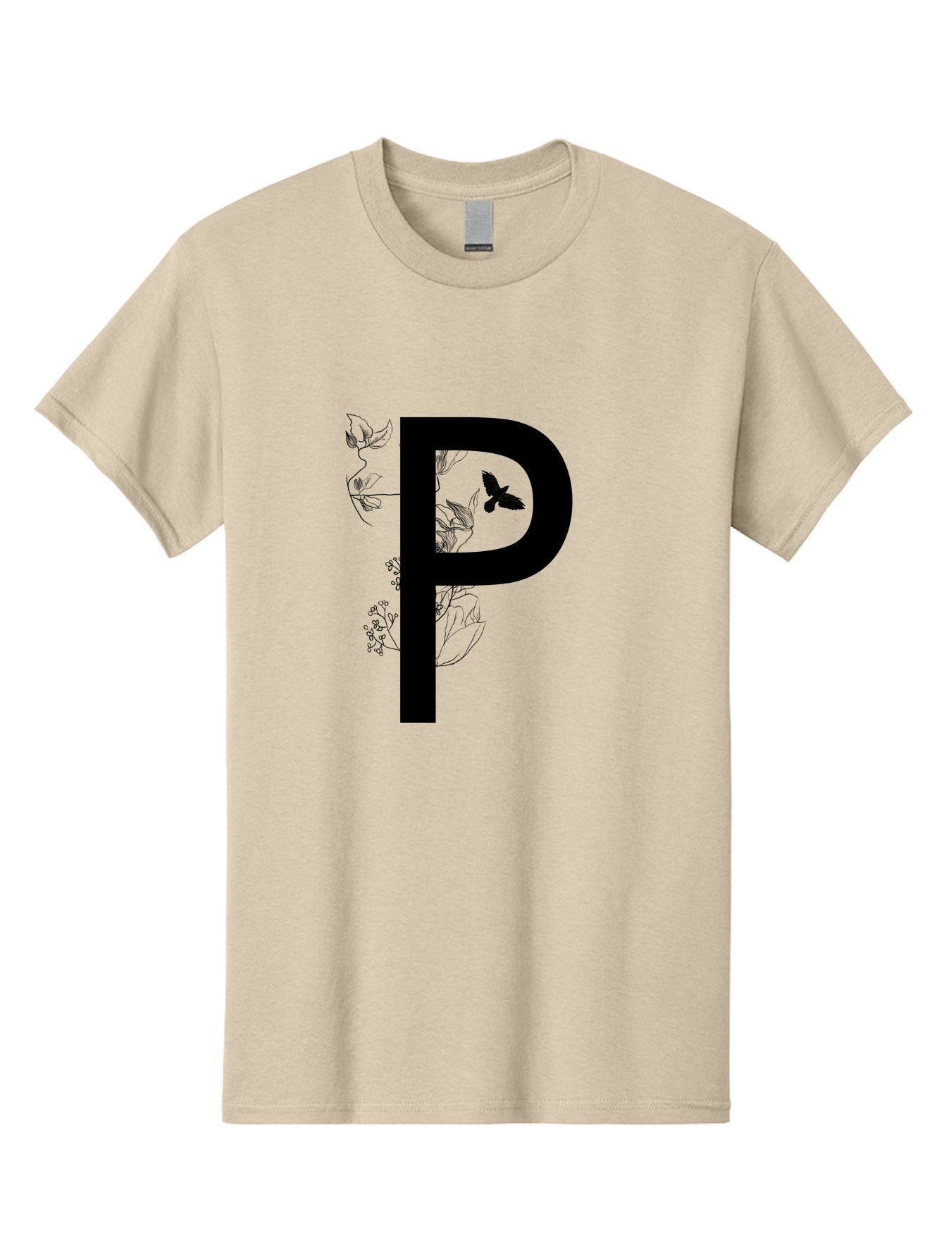 P Men'S Graphic Tee, 100% Cotton, Comfortable Casual Summer Wear, Machine Washable, Large Letter P, Botanical Elements, Butterflies, Floral Design, Minimalist Illustration, Black And Green Color Scheme, Simple Graphics, Typography Aac341 12