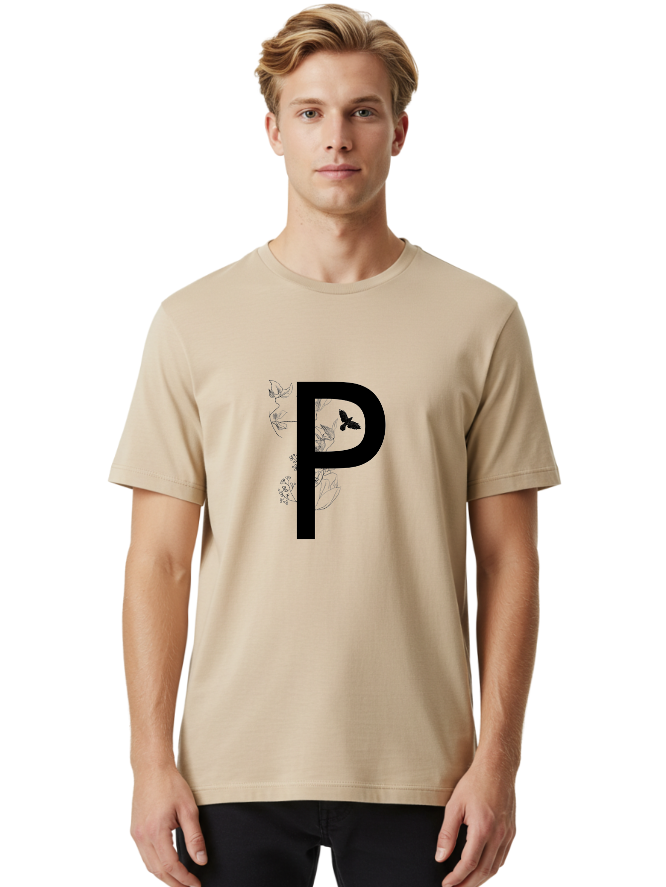 P Men'S Graphic Tee, 100% Cotton, Comfortable Casual Summer Wear, Machine Washable, Large Letter P, Botanical Elements, Butterflies, Floral Design, Minimalist Illustration, Black And Green Color Scheme, Simple Graphics, Typography Aac341 6