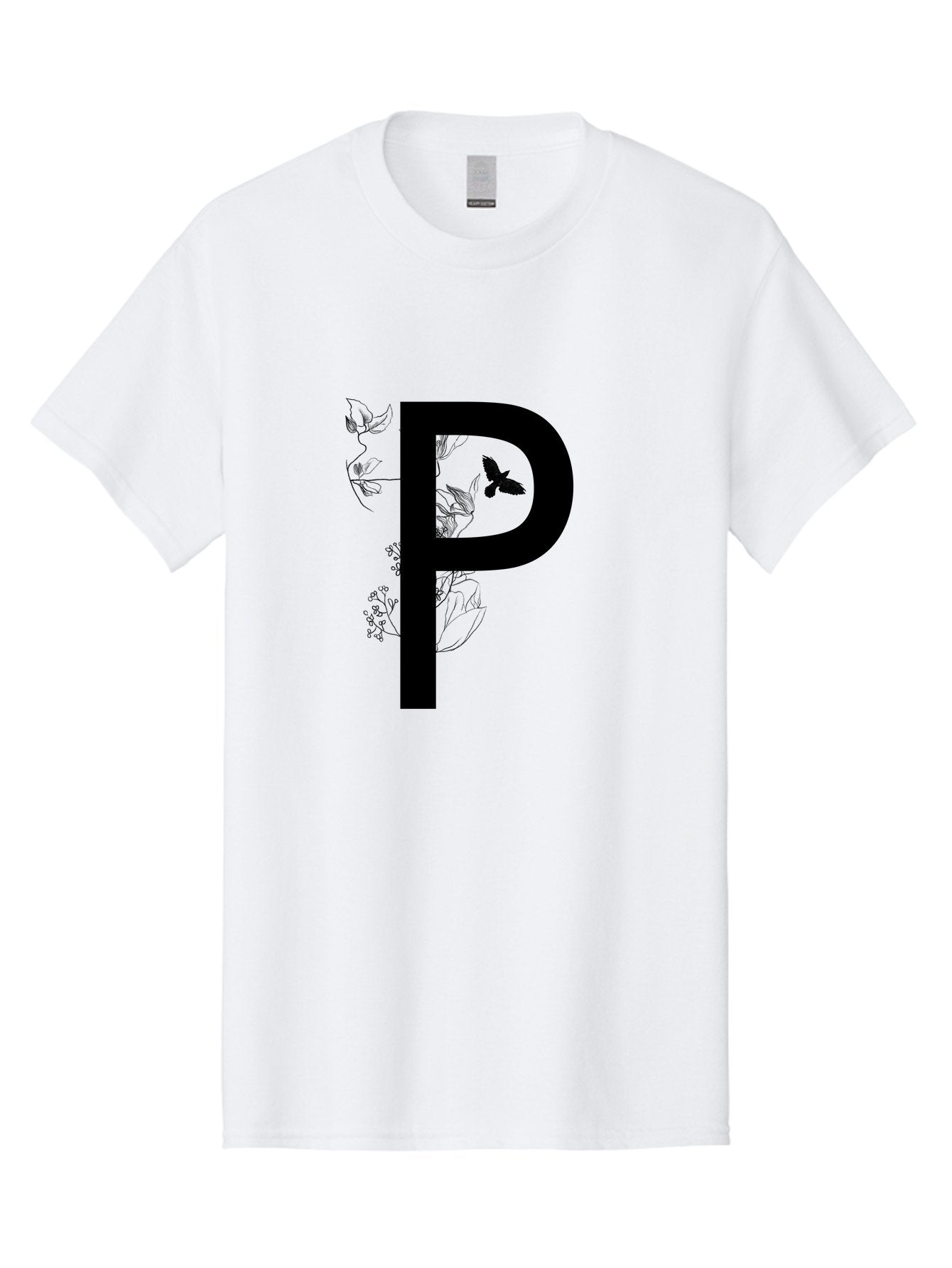 P Men'S Graphic Tee, 100% Cotton, Comfortable Casual Summer Wear, Machine Washable, Large Letter P, Botanical Elements, Butterflies, Floral Design, Minimalist Illustration, Black And Green Color Scheme, Simple Graphics, Typography Aac341 8