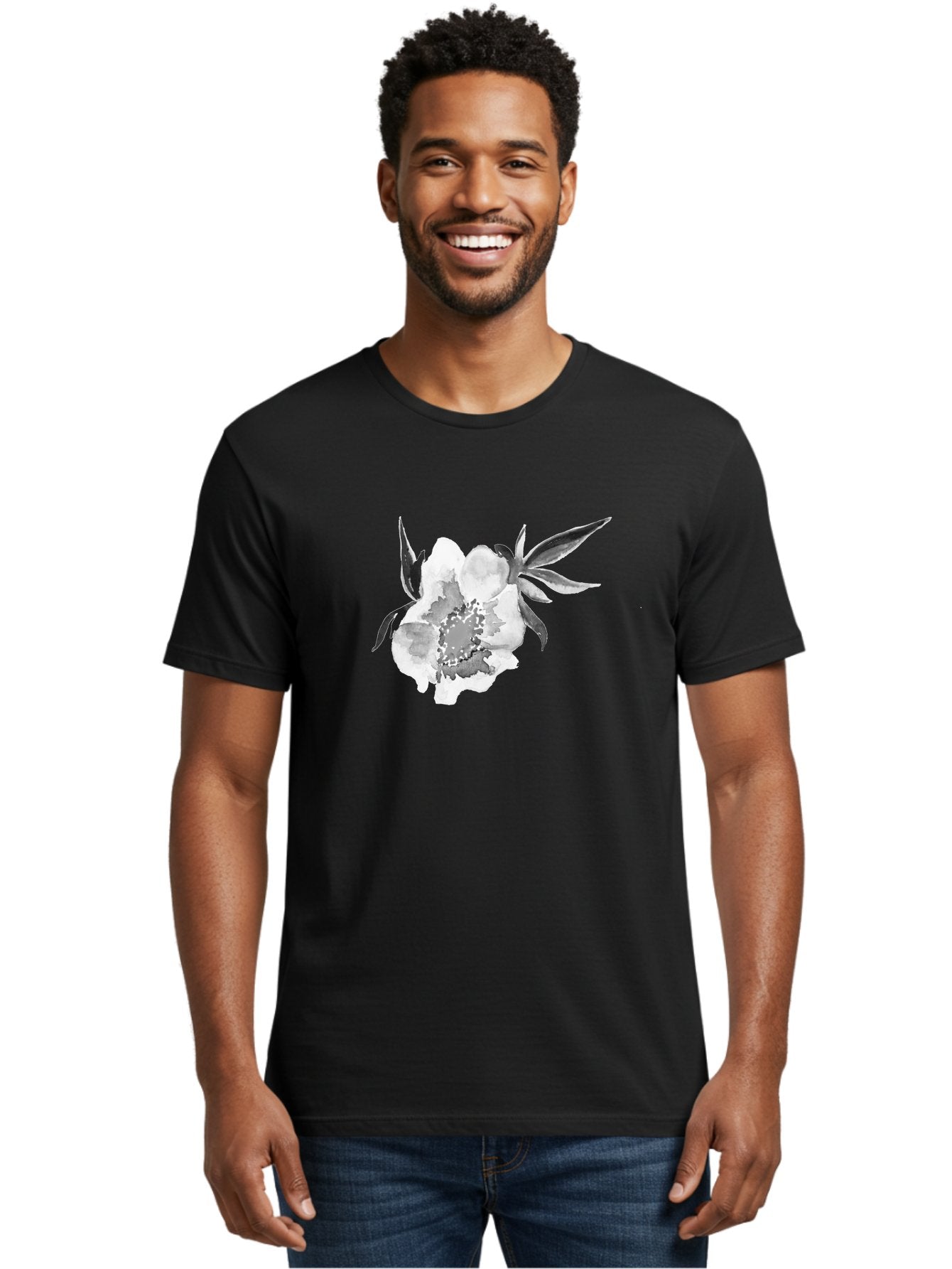 Peony-Flower Men'S Graphic Tee, 100% Cotton, Comfortable Casual Summer Wear, Machine Washable, Black And White Peony, Watercolor Painting, Flower Illustration, Artistic Design, Botanical Art, Grayscale Flowers, Delicate Petals, Floral Pattern Aac343 17