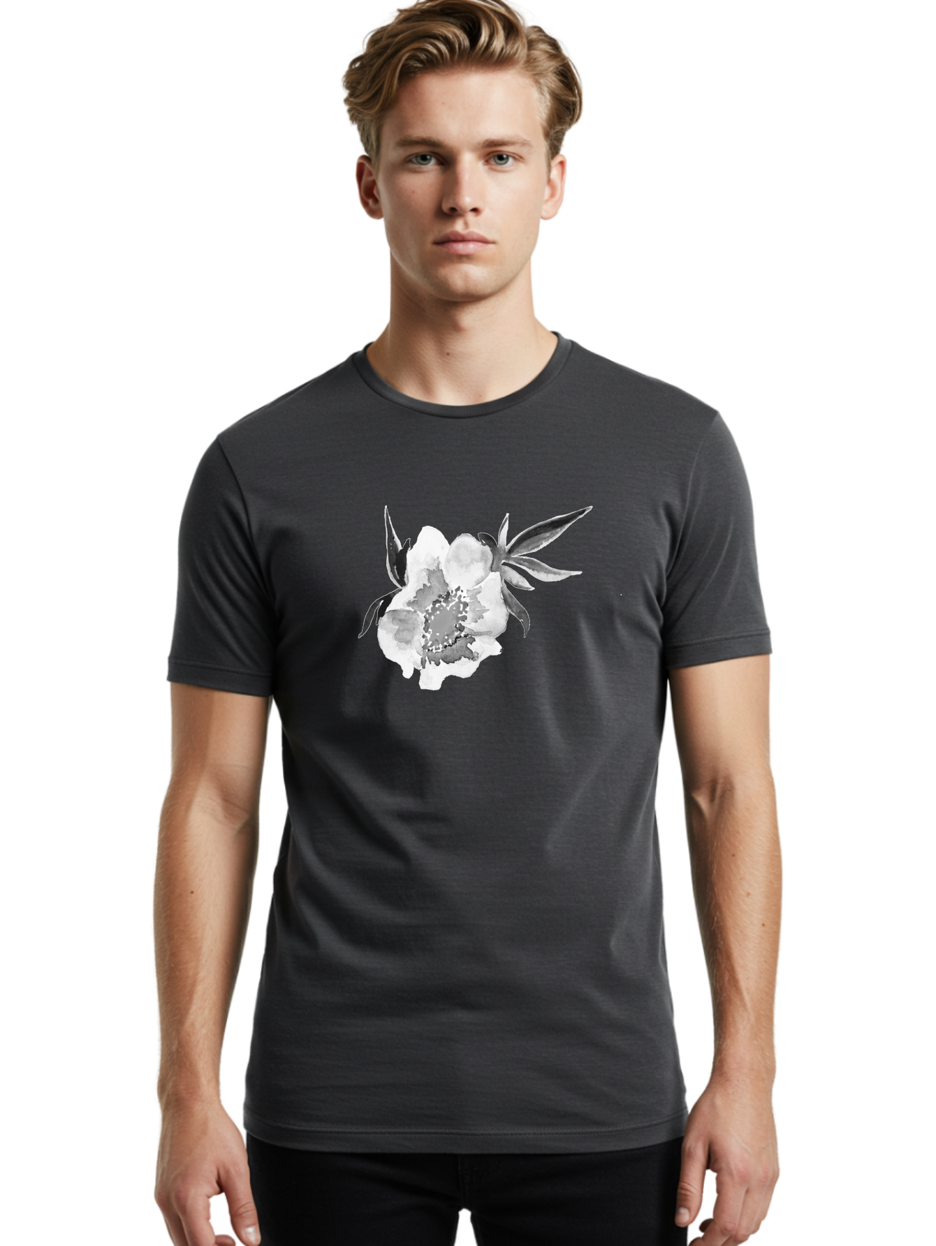 Peony-Flower Men'S Graphic Tee, 100% Cotton, Comfortable Casual Summer Wear, Machine Washable, Black And White Peony, Watercolor Painting, Flower Illustration, Artistic Design, Botanical Art, Grayscale Flowers, Delicate Petals, Floral Pattern Aac343 24
