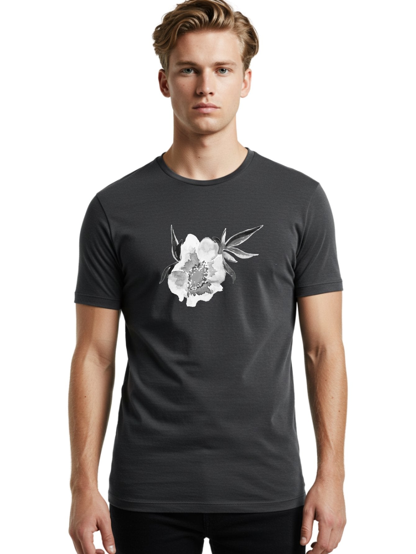 Peony-Flower Men'S Graphic Tee, 100% Cotton, Comfortable Casual Summer Wear, Machine Washable, Black And White Peony, Watercolor Painting, Flower Illustration, Artistic Design, Botanical Art, Grayscale Flowers, Delicate Petals, Floral Pattern Aac343 18