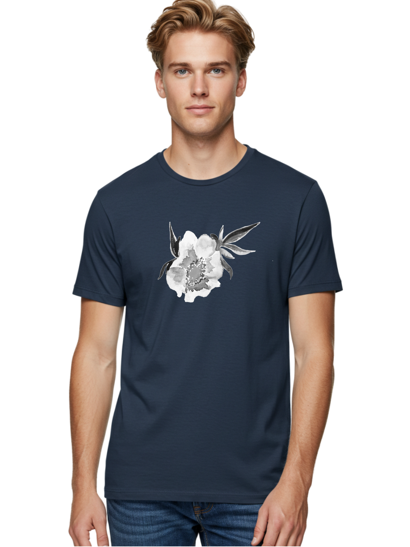 Peony-Flower Men'S Graphic Tee, 100% Cotton, Comfortable Casual Summer Wear, Machine Washable, Black And White Peony, Watercolor Painting, Flower Illustration, Artistic Design, Botanical Art, Grayscale Flowers, Delicate Petals, Floral Pattern Aac343 4