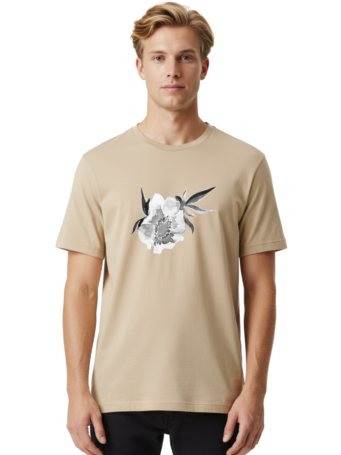 Peony-Flower Men'S Graphic Tee, 100% Cotton, Comfortable Casual Summer Wear, Machine Washable, Black And White Peony, Watercolor Painting, Flower Illustration, Artistic Design, Botanical Art, Grayscale Flowers, Delicate Petals, Floral Pattern Aac343 20