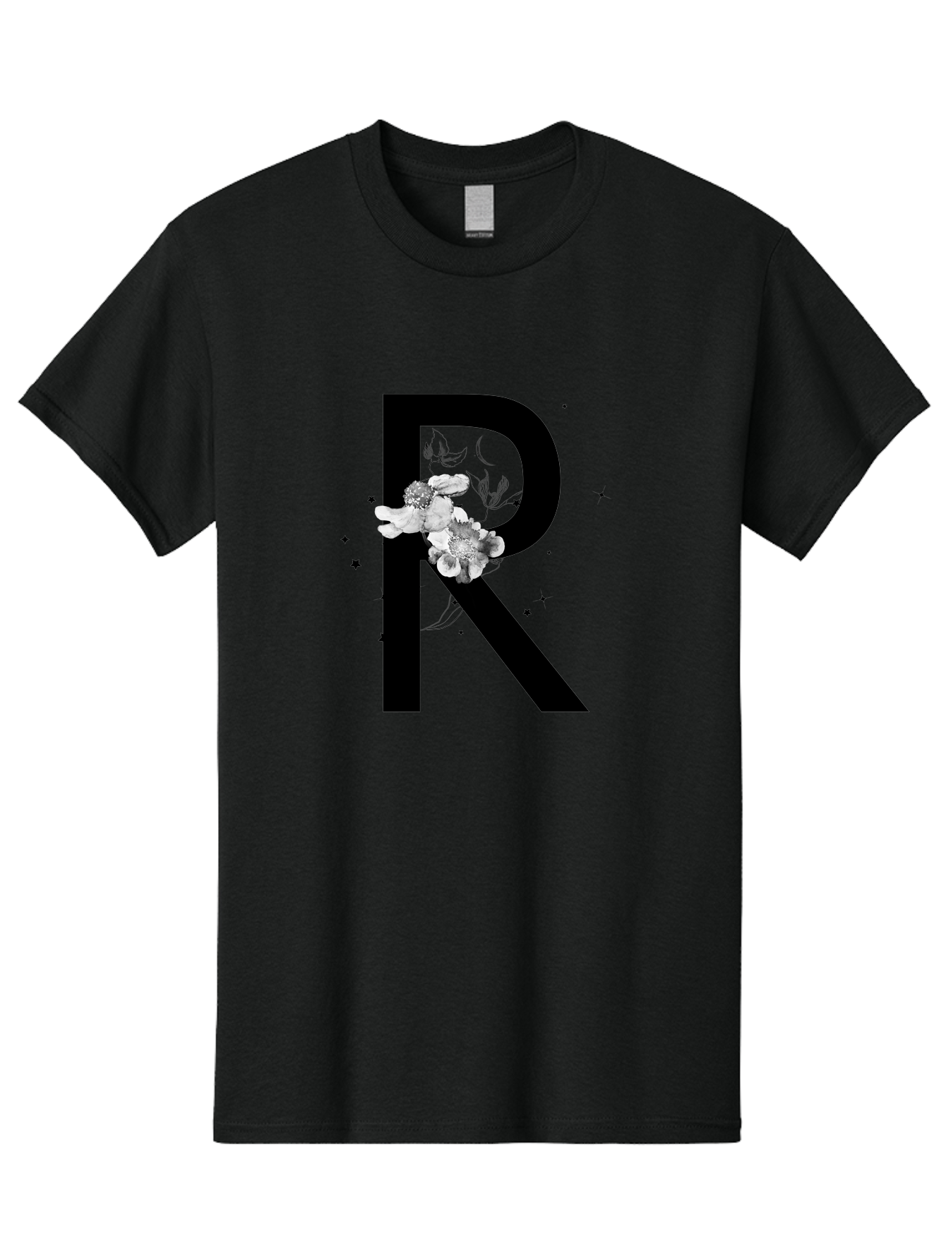 R Men'S Graphic Tee, 100% Cotton, Comfortable Casual Summer Wear, Machine Washable, Black Letter R, Floral Design, White Flowers, Botanical Elements, Moon Phase, Stars, Elegant Typography, Decorative Art, Lettering, Feminine Touch, Aac345 29