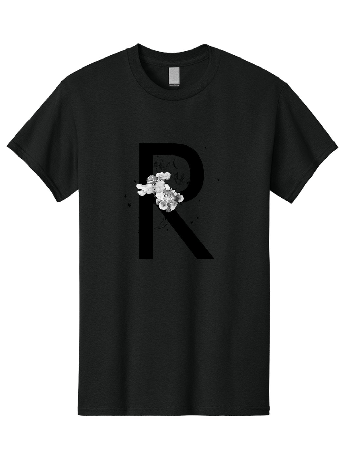 R Men'S Graphic Tee, 100% Cotton, Comfortable Casual Summer Wear, Machine Washable, Black Letter R, Floral Design, White Flowers, Botanical Elements, Moon Phase, Stars, Elegant Typography, Decorative Art, Lettering, Feminine Touch, Aac345 13