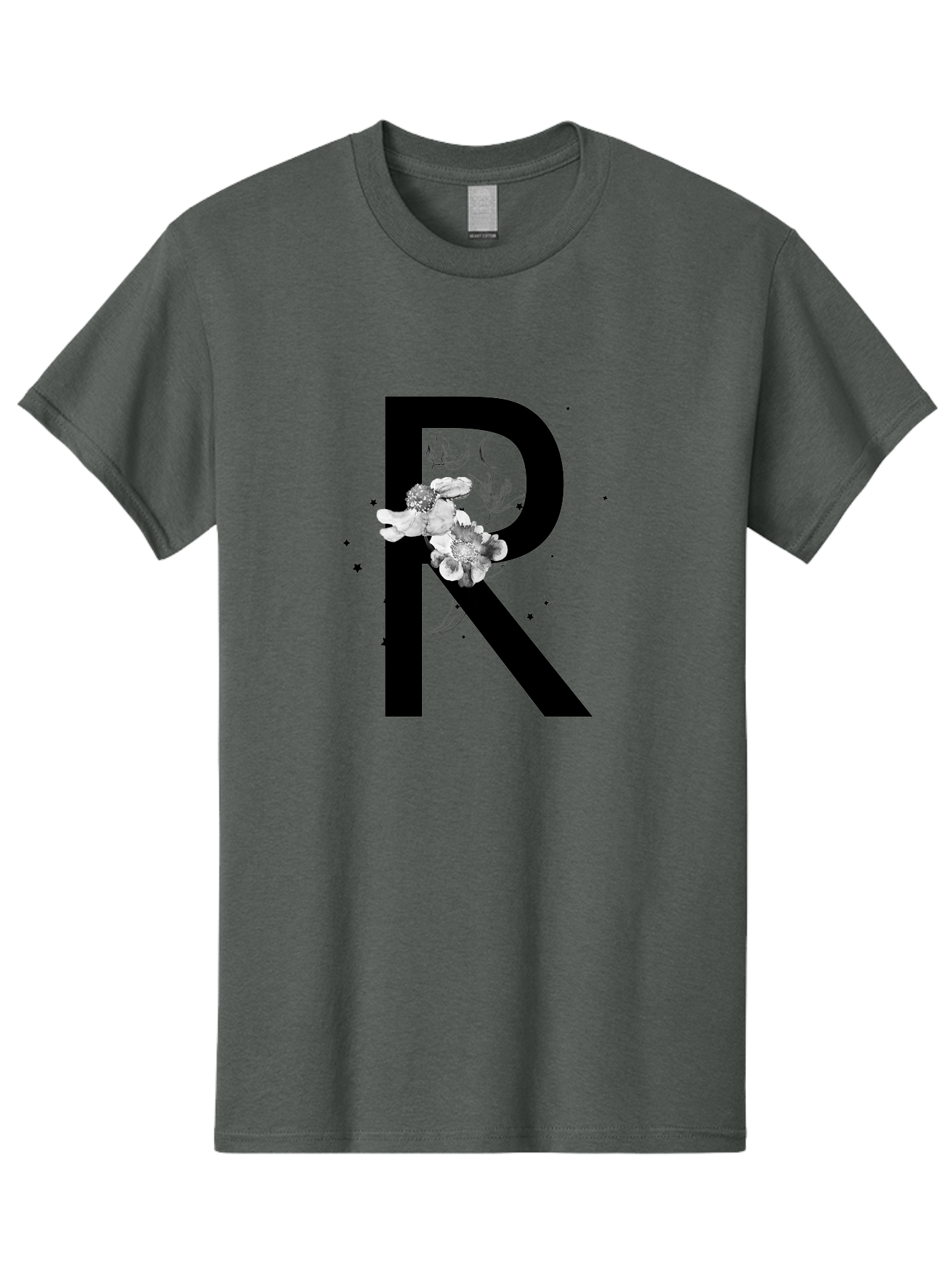R Men'S Graphic Tee, 100% Cotton, Comfortable Casual Summer Wear, Machine Washable, Black Letter R, Floral Design, White Flowers, Botanical Elements, Moon Phase, Stars, Elegant Typography, Decorative Art, Lettering, Feminine Touch, Aac345 27