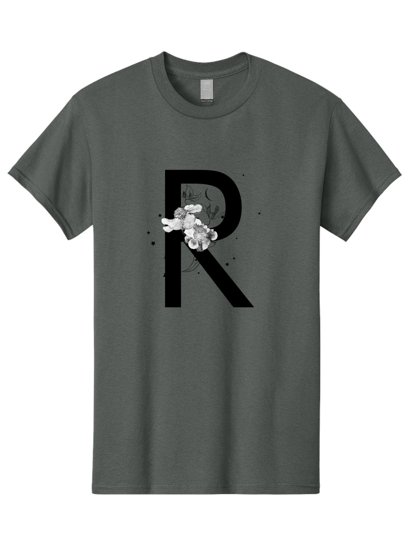 R Men'S Graphic Tee, 100% Cotton, Comfortable Casual Summer Wear, Machine Washable, Black Letter R, Floral Design, White Flowers, Botanical Elements, Moon Phase, Stars, Elegant Typography, Decorative Art, Lettering, Feminine Touch, Aac345 10