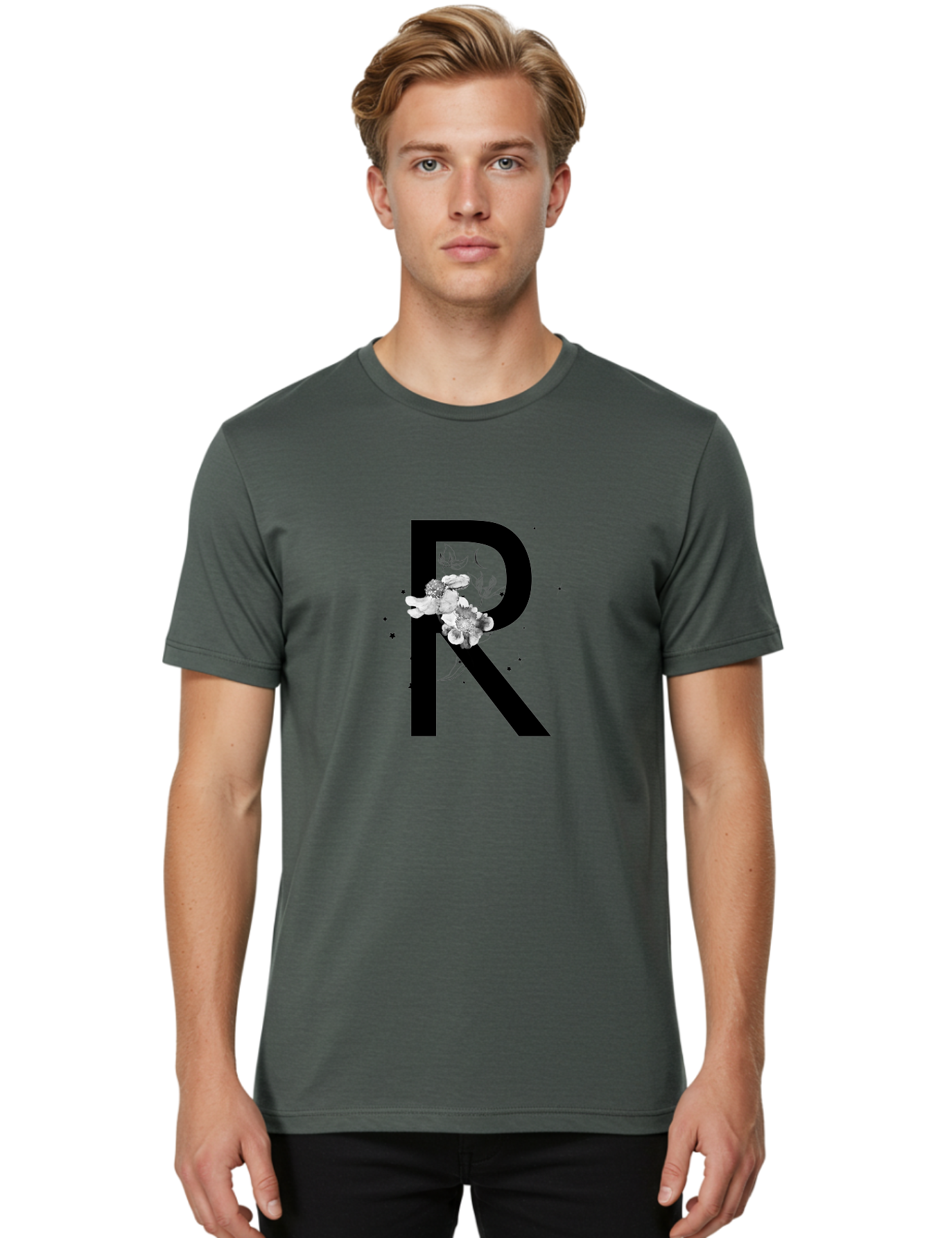 R Men'S Graphic Tee, 100% Cotton, Comfortable Casual Summer Wear, Machine Washable, Black Letter R, Floral Design, White Flowers, Botanical Elements, Moon Phase, Stars, Elegant Typography, Decorative Art, Lettering, Feminine Touch, Aac345 28