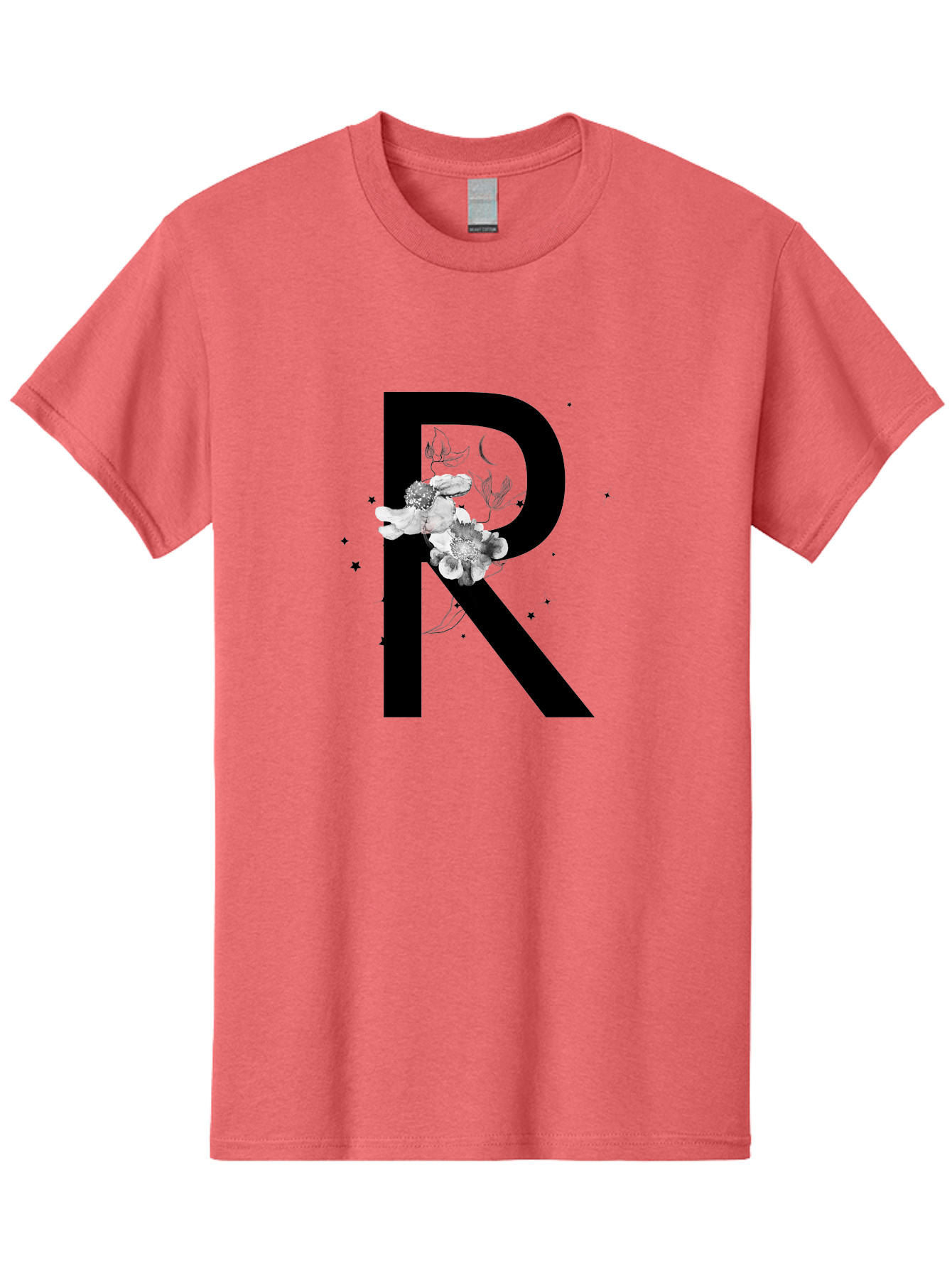 R Men'S Graphic Tee, 100% Cotton, Comfortable Casual Summer Wear, Machine Washable, Black Letter R, Floral Design, White Flowers, Botanical Elements, Moon Phase, Stars, Elegant Typography, Decorative Art, Lettering, Feminine Touch, Aac345 23