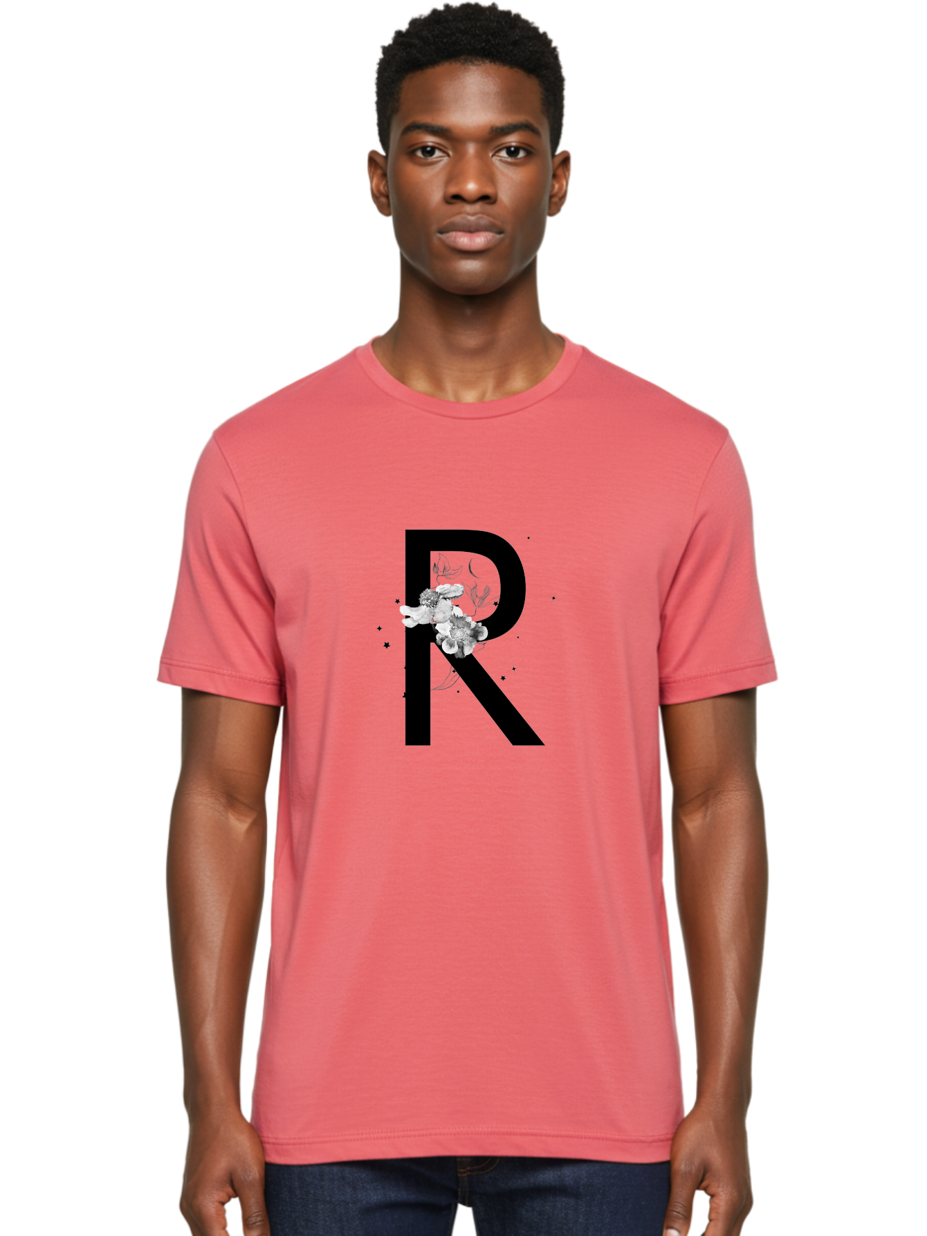 R Men'S Graphic Tee, 100% Cotton, Comfortable Casual Summer Wear, Machine Washable, Black Letter R, Floral Design, White Flowers, Botanical Elements, Moon Phase, Stars, Elegant Typography, Decorative Art, Lettering, Feminine Touch, Aac345 24