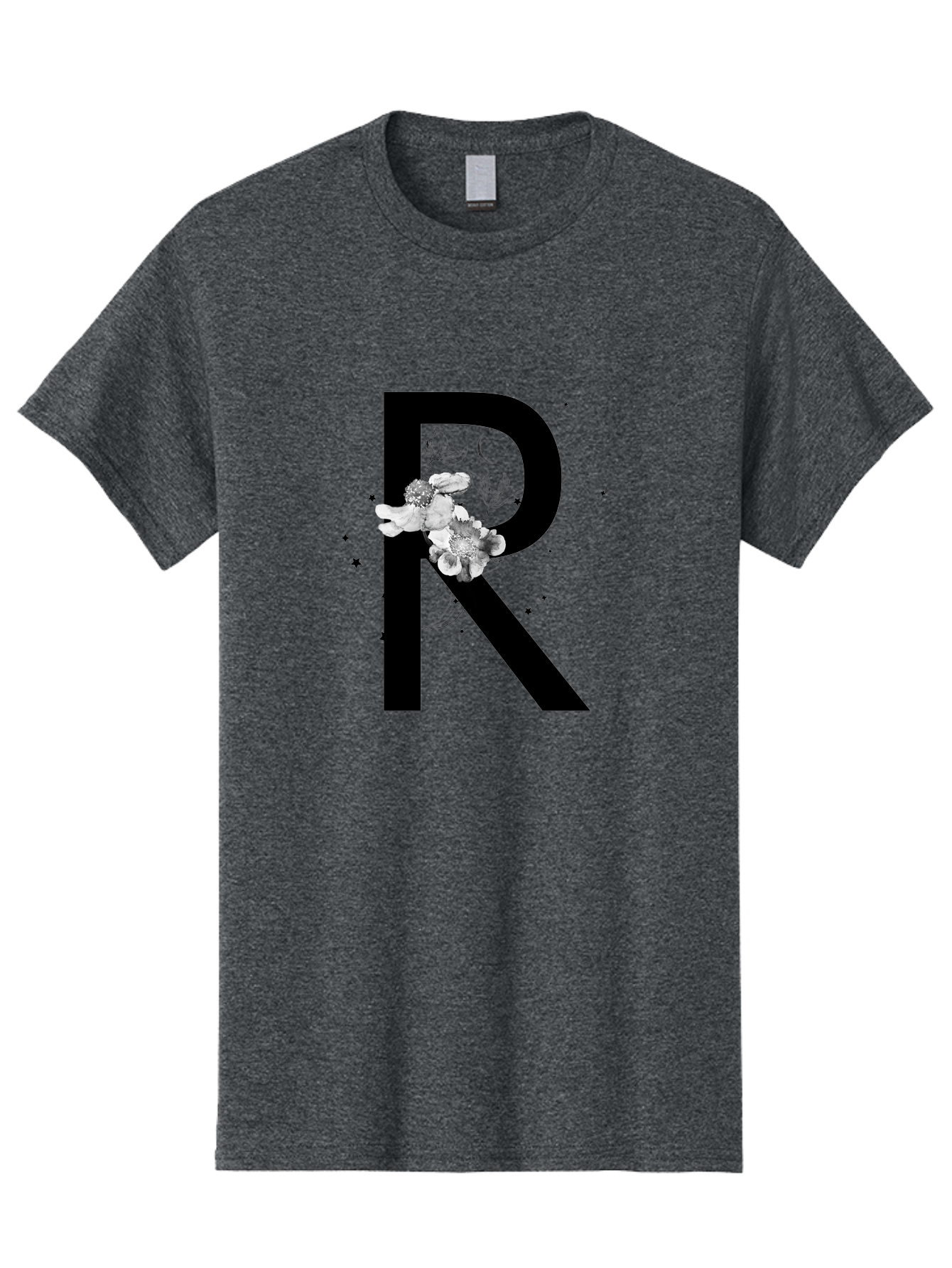 R Men'S Graphic Tee, 100% Cotton, Comfortable Casual Summer Wear, Machine Washable, Black Letter R, Floral Design, White Flowers, Botanical Elements, Moon Phase, Stars, Elegant Typography, Decorative Art, Lettering, Feminine Touch, Aac345 25