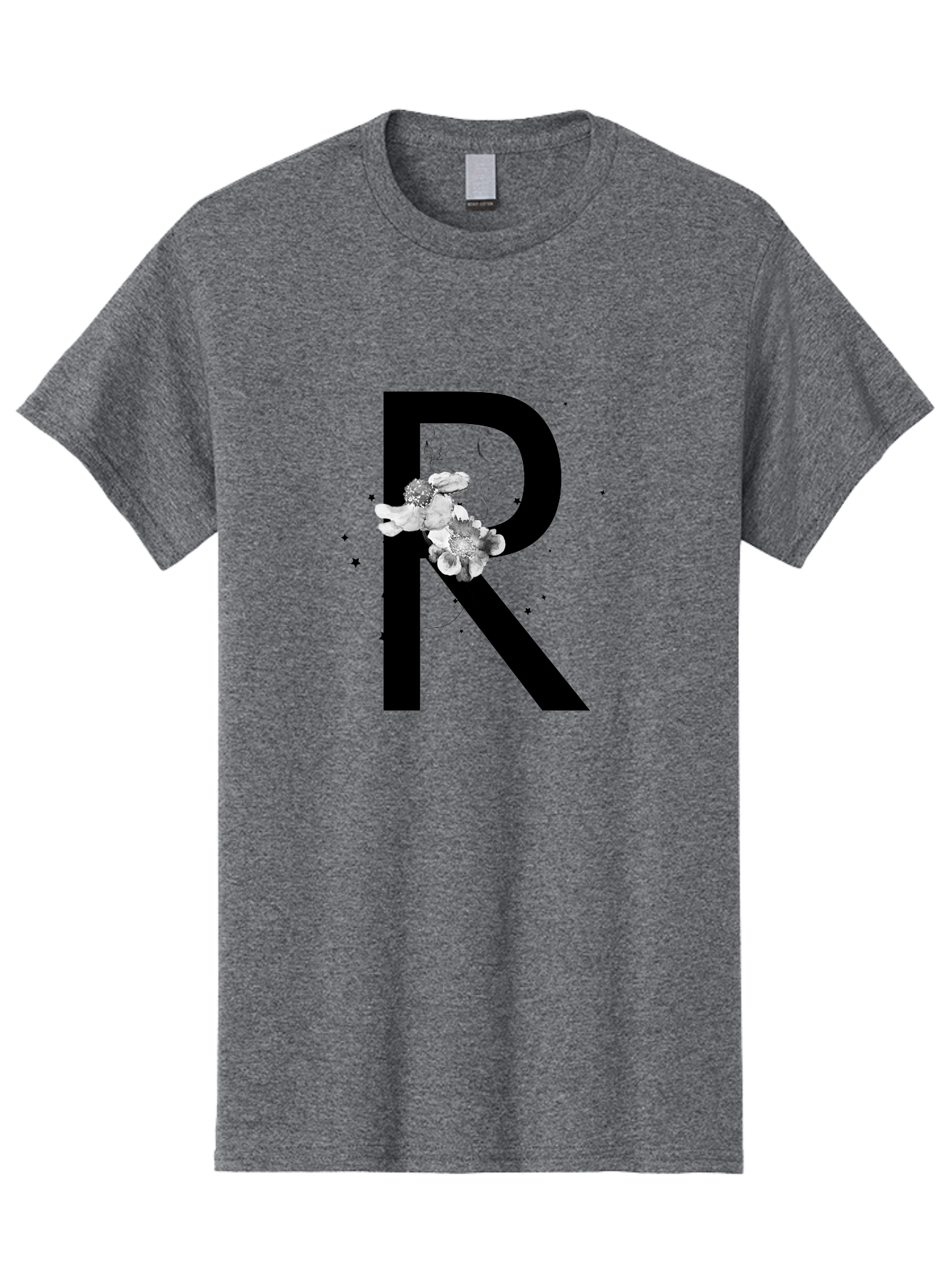R Men'S Graphic Tee, 100% Cotton, Comfortable Casual Summer Wear, Machine Washable, Black Letter R, Floral Design, White Flowers, Botanical Elements, Moon Phase, Stars, Elegant Typography, Decorative Art, Lettering, Feminine Touch, Aac345 13