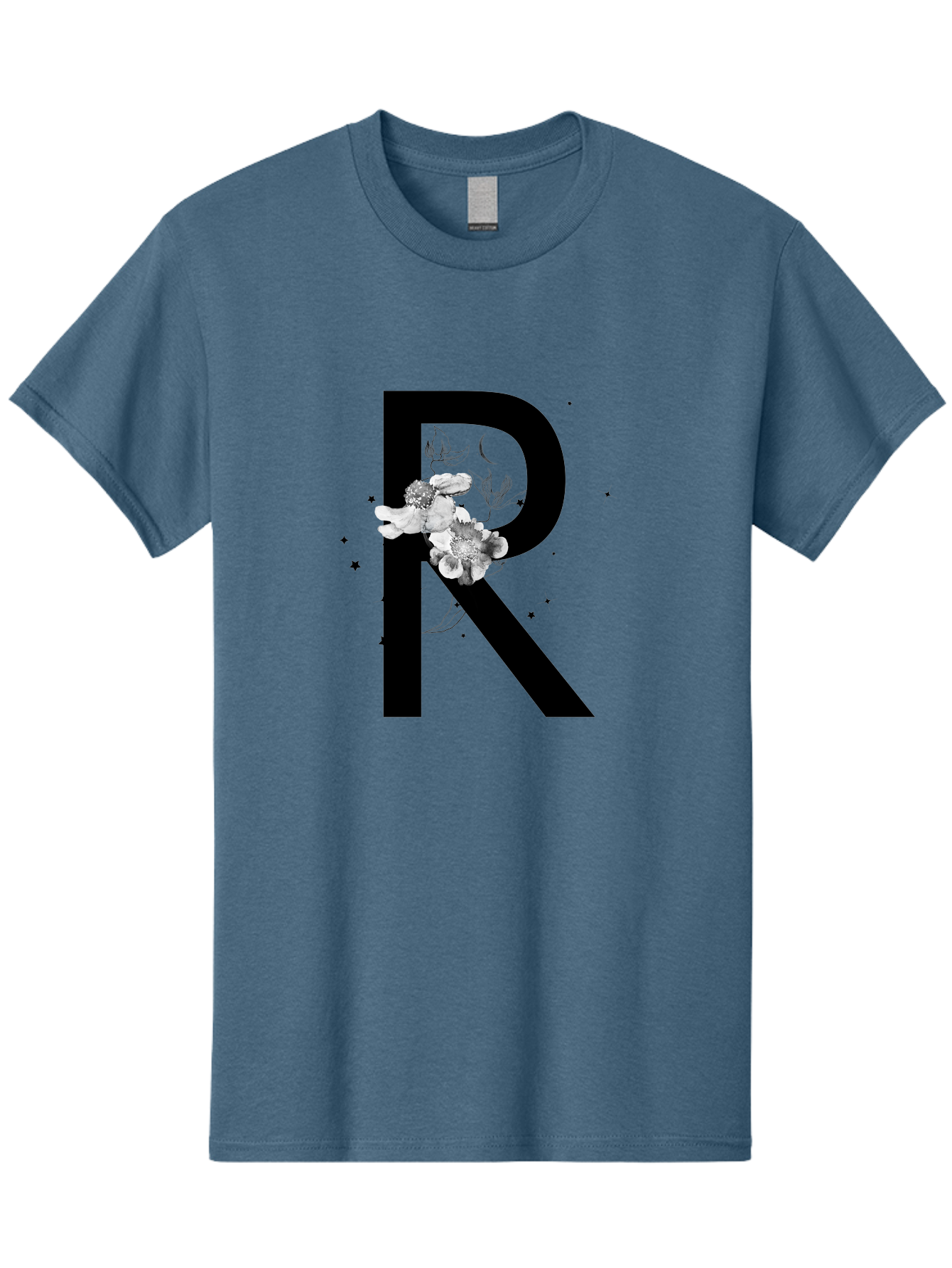 R Men'S Graphic Tee, 100% Cotton, Comfortable Casual Summer Wear, Machine Washable, Black Letter R, Floral Design, White Flowers, Botanical Elements, Moon Phase, Stars, Elegant Typography, Decorative Art, Lettering, Feminine Touch, Aac345 11