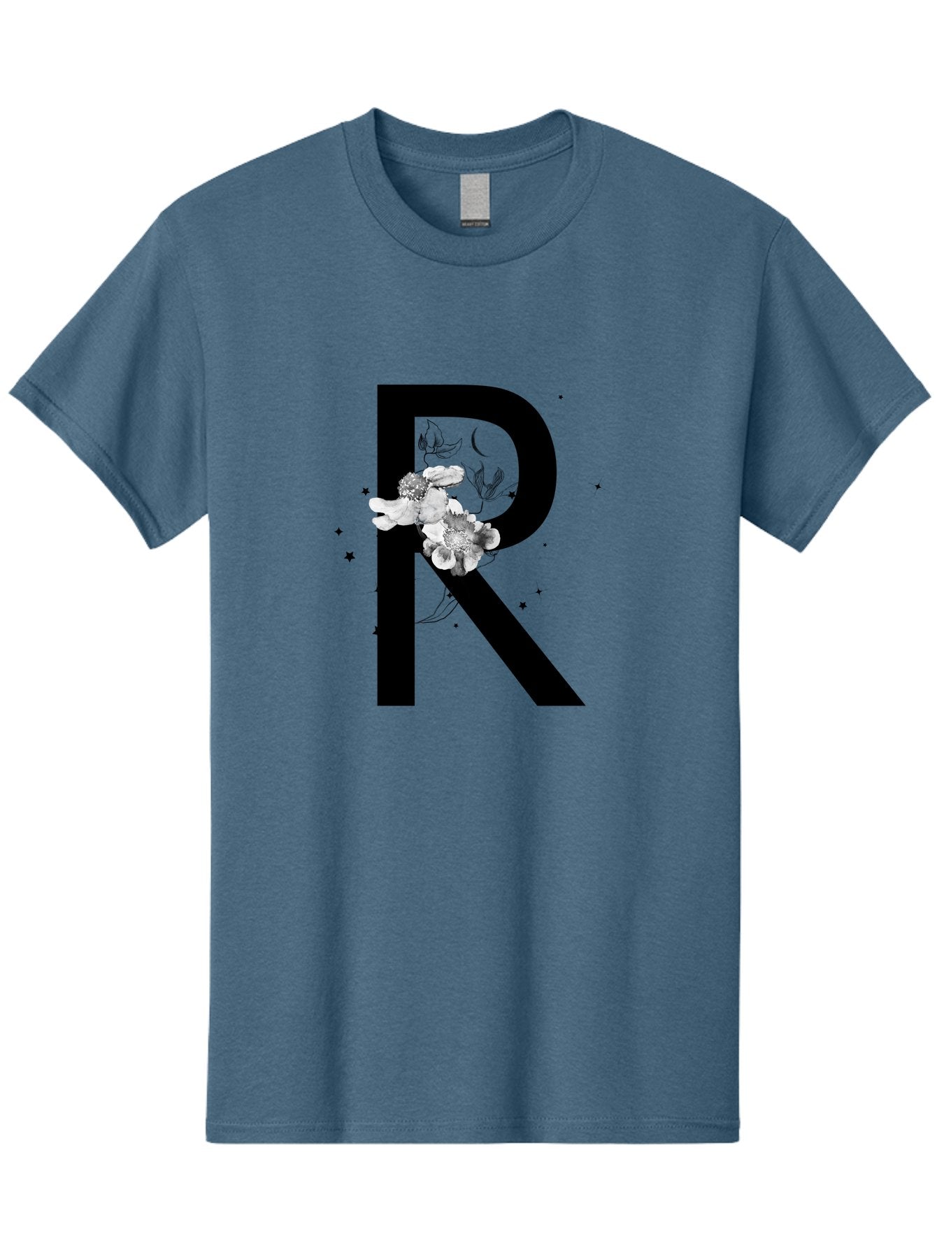 R Men'S Graphic Tee, 100% Cotton, Comfortable Casual Summer Wear, Machine Washable, Black Letter R, Floral Design, White Flowers, Botanical Elements, Moon Phase, Stars, Elegant Typography, Decorative Art, Lettering, Feminine Touch, Aac345 8