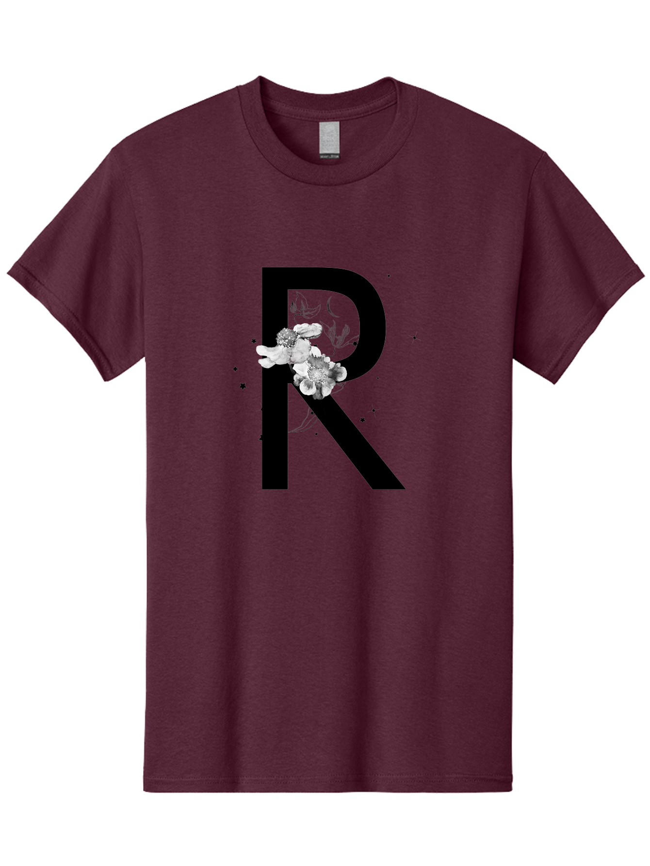 R Men'S Graphic Tee, 100% Cotton, Comfortable Casual Summer Wear, Machine Washable, Black Letter R, Floral Design, White Flowers, Botanical Elements, Moon Phase, Stars, Elegant Typography, Decorative Art, Lettering, Feminine Touch, Aac345 3