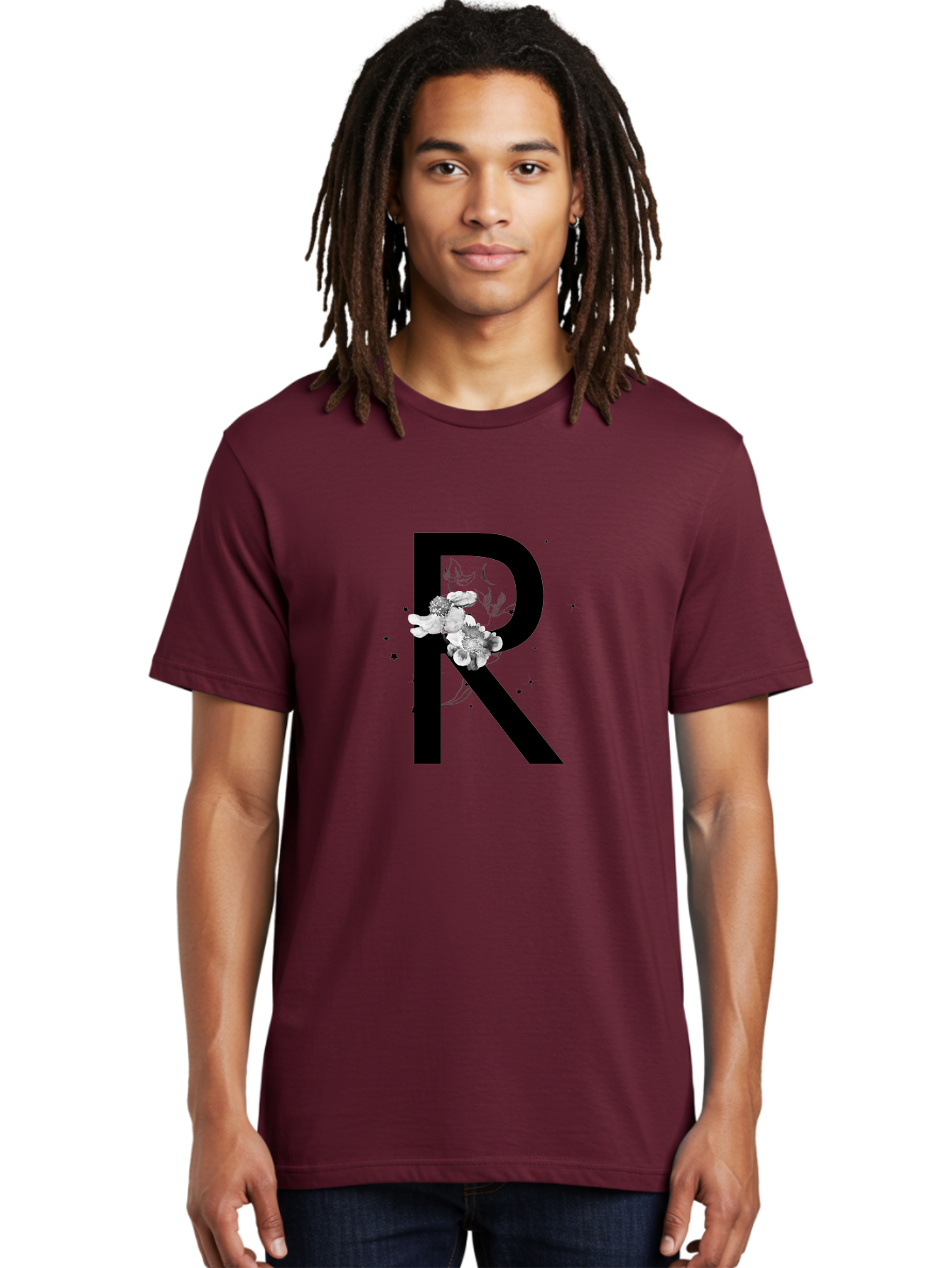 R Men'S Graphic Tee, 100% Cotton, Comfortable Casual Summer Wear, Machine Washable, Black Letter R, Floral Design, White Flowers, Botanical Elements, Moon Phase, Stars, Elegant Typography, Decorative Art, Lettering, Feminine Touch, Aac345 4