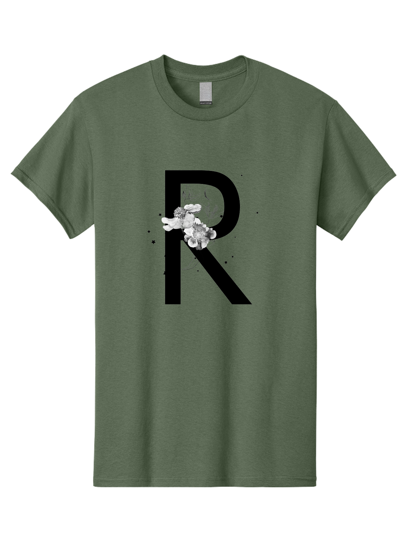 R Men'S Graphic Tee, 100% Cotton, Comfortable Casual Summer Wear, Machine Washable, Black Letter R, Floral Design, White Flowers, Botanical Elements, Moon Phase, Stars, Elegant Typography, Decorative Art, Lettering, Feminine Touch, Aac345 21