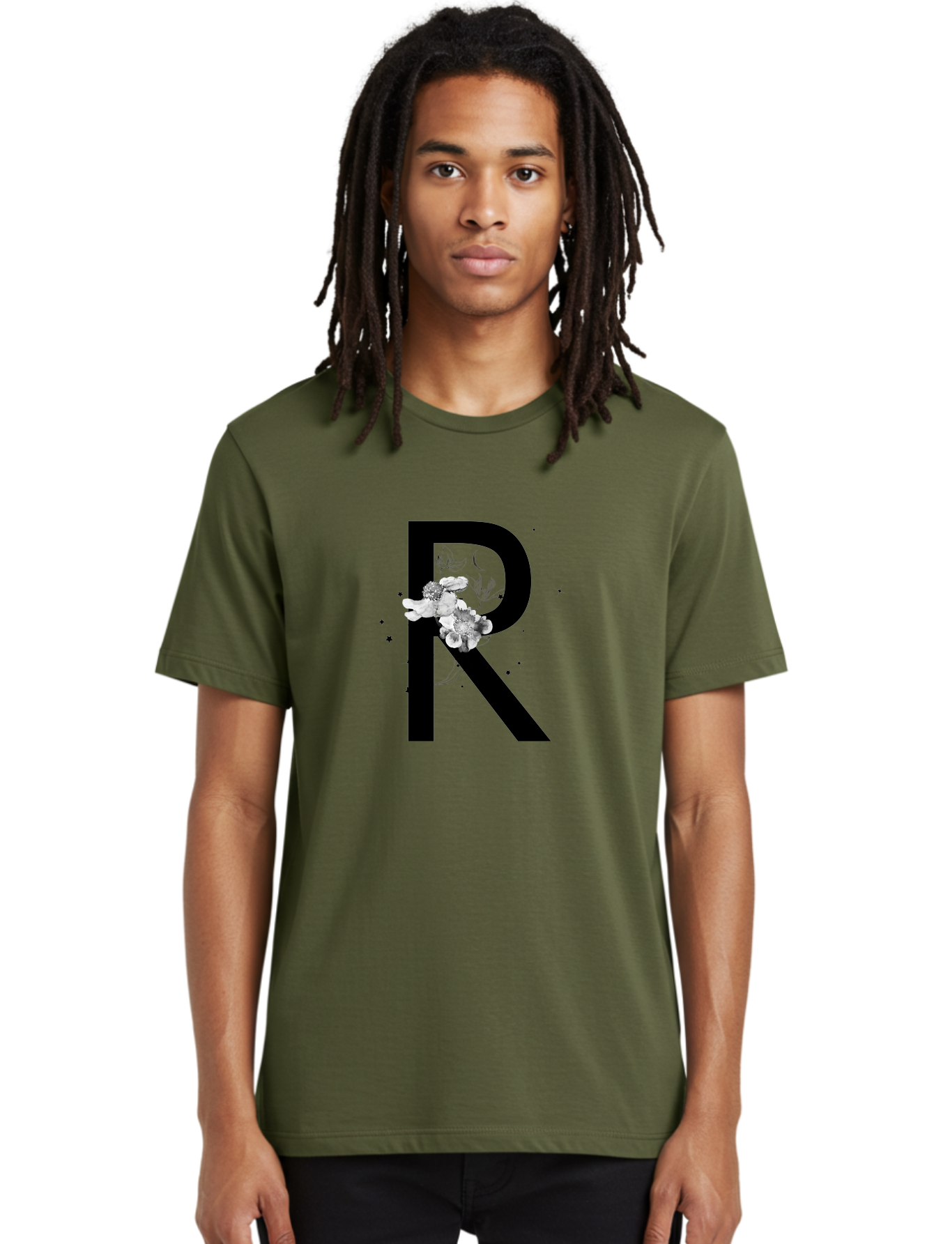 R Men'S Graphic Tee, 100% Cotton, Comfortable Casual Summer Wear, Machine Washable, Black Letter R, Floral Design, White Flowers, Botanical Elements, Moon Phase, Stars, Elegant Typography, Decorative Art, Lettering, Feminine Touch, Aac345 22