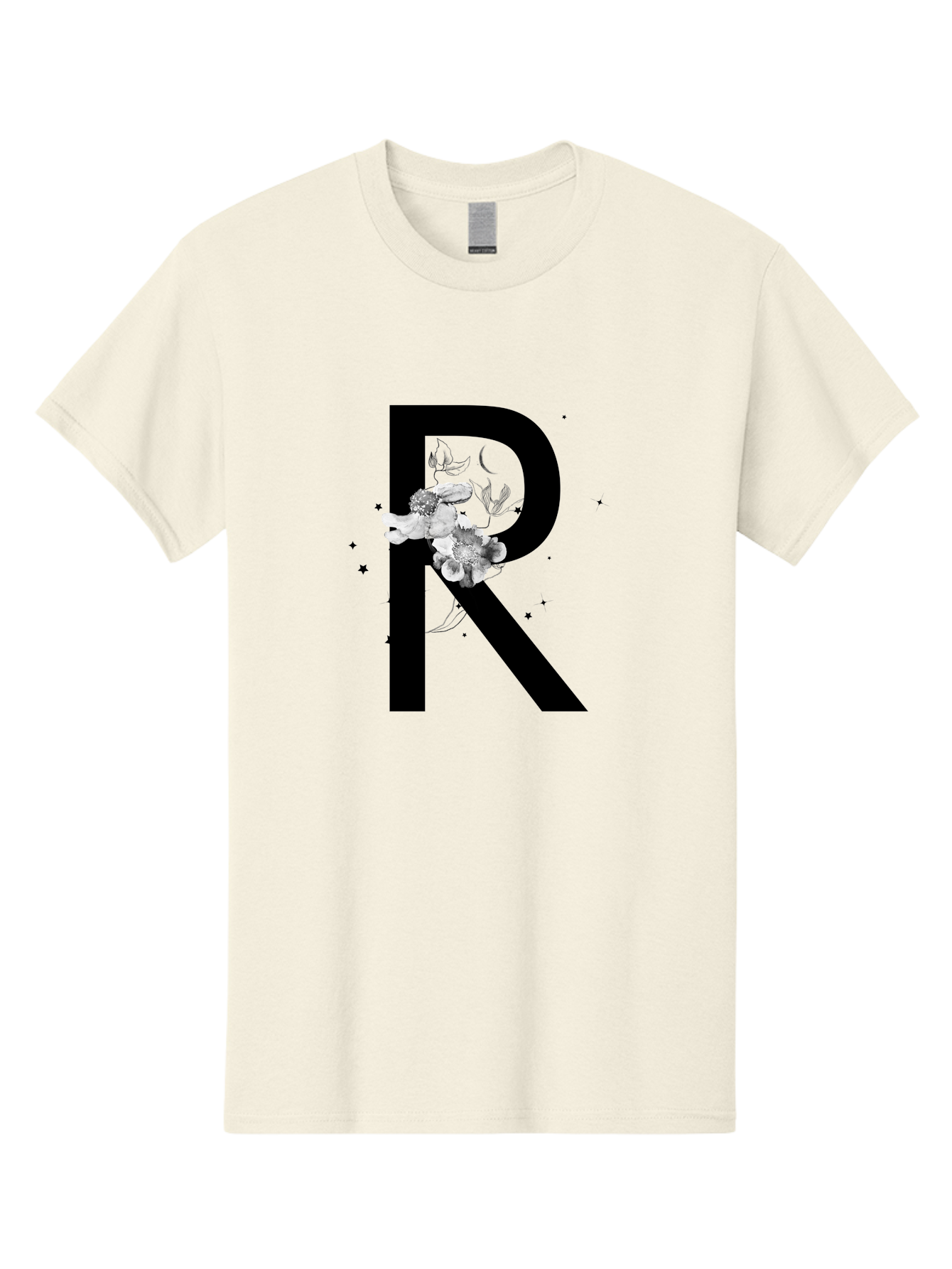R Men'S Graphic Tee, 100% Cotton, Comfortable Casual Summer Wear, Machine Washable, Black Letter R, Floral Design, White Flowers, Botanical Elements, Moon Phase, Stars, Elegant Typography, Decorative Art, Lettering, Feminine Touch, Aac345 5